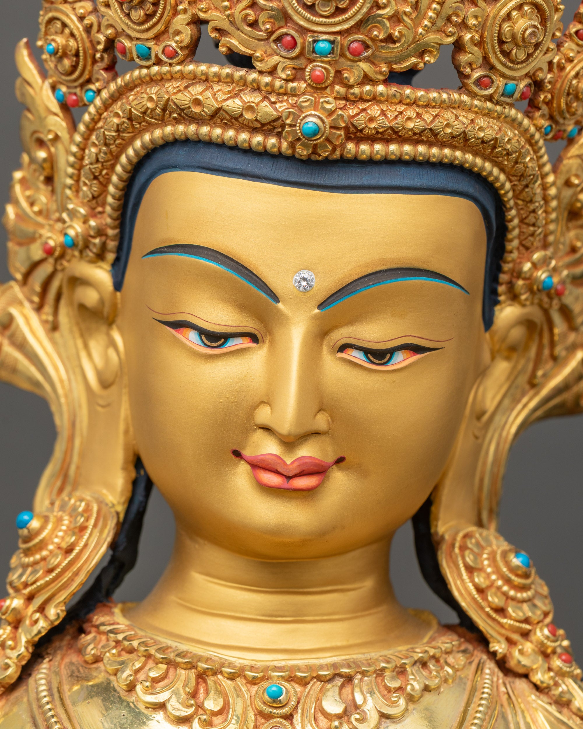 Vajrasattva Dorsem detailed face close up gold-gilded Buddhist sculpture