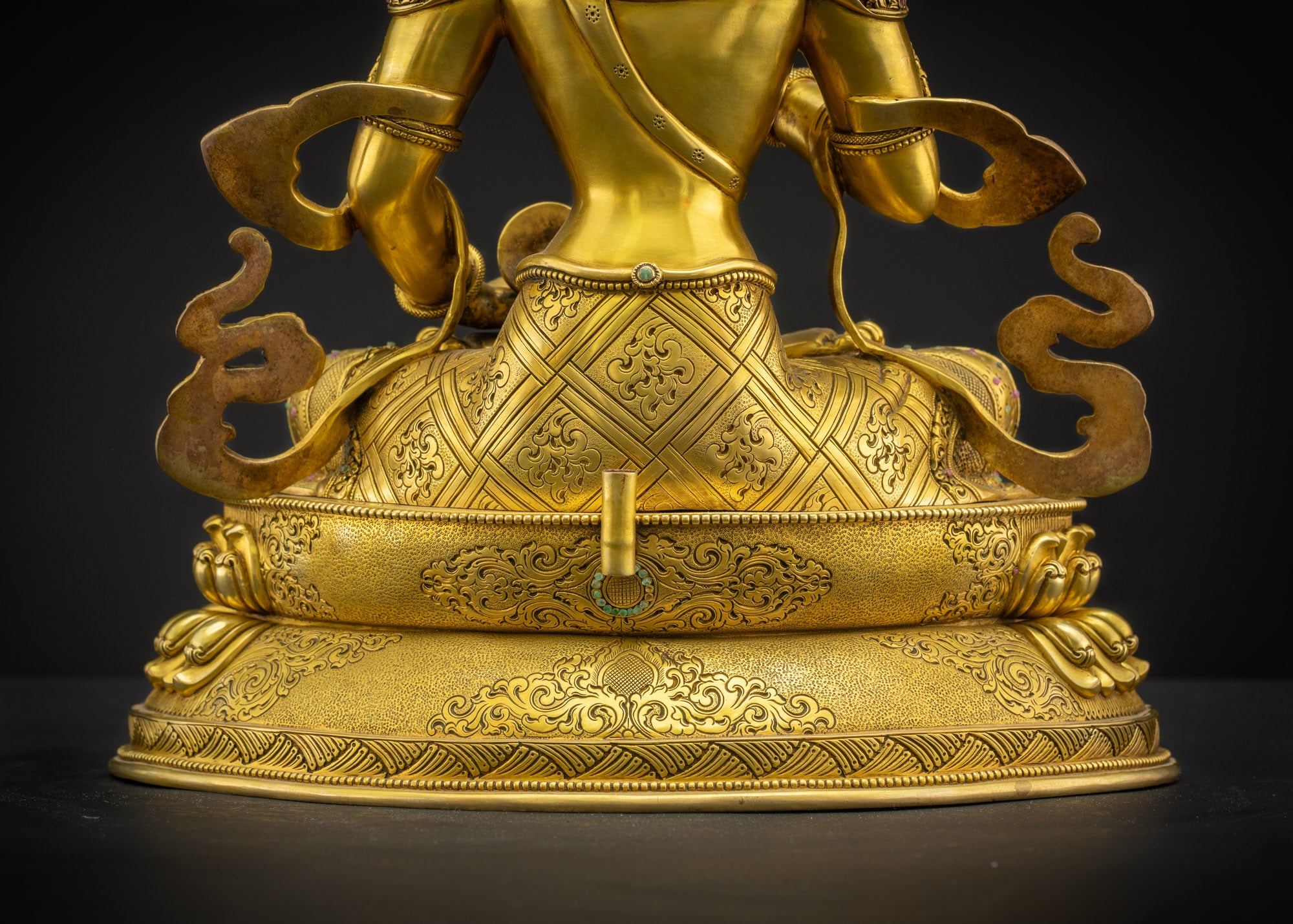 Back lower view of Vajrasattva Dorje Sempa lotus pedestal showing carved layers and floral motif design