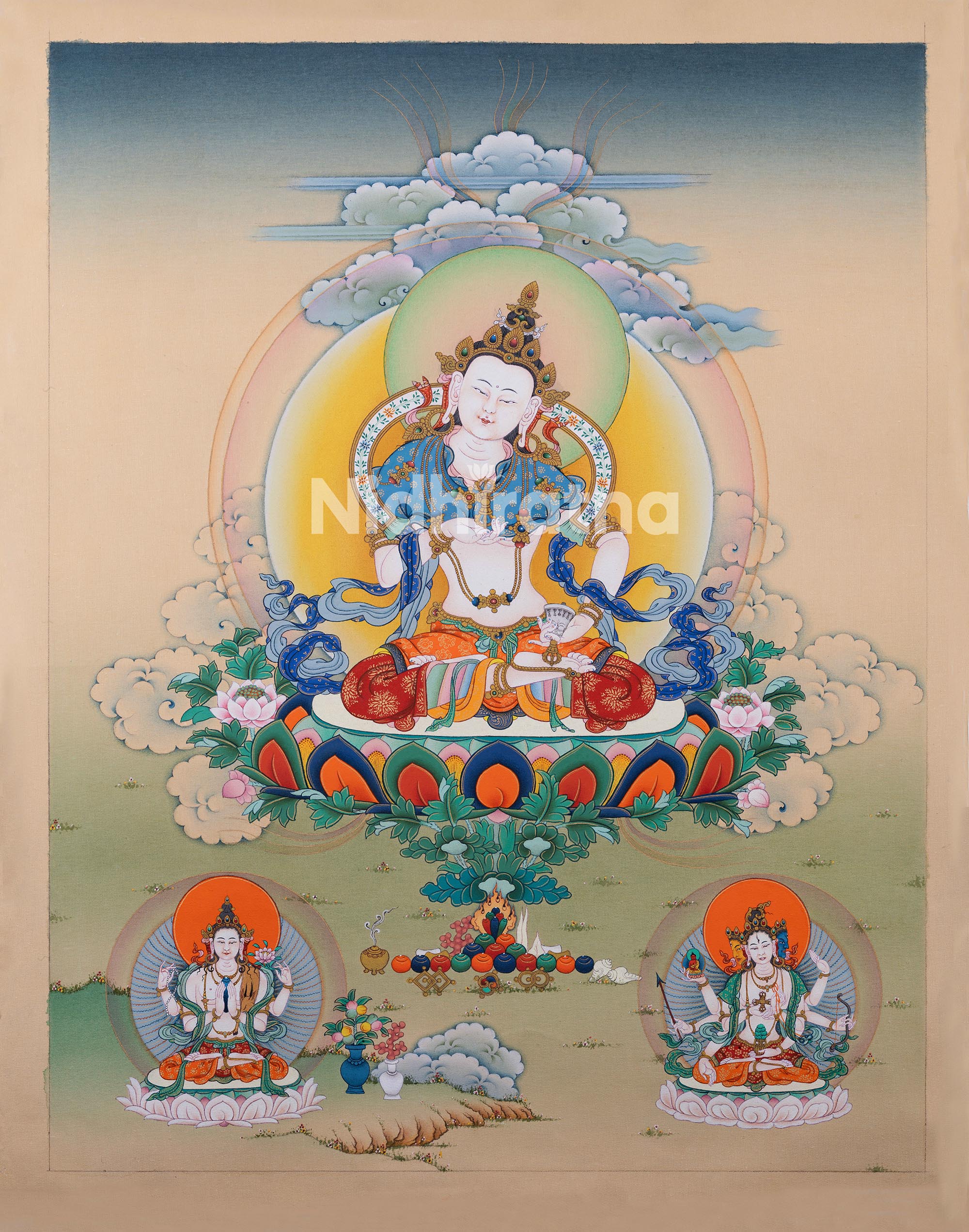 Vajrasattva With Chenrezig and Namgyalma Thangka Print