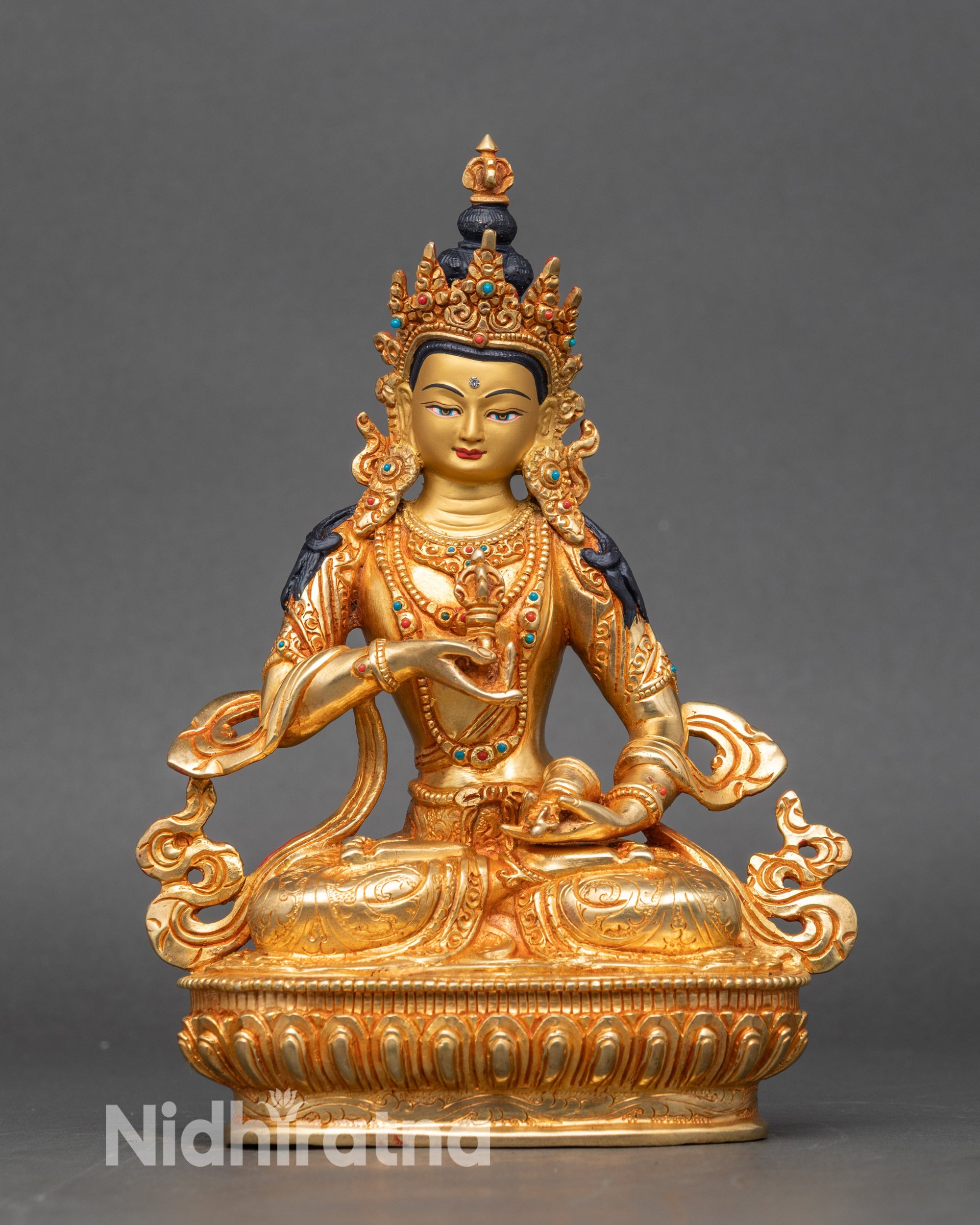 Vajrasattva statue handcrafted in Nepal, gold fire-gilded copper with 24K gold face