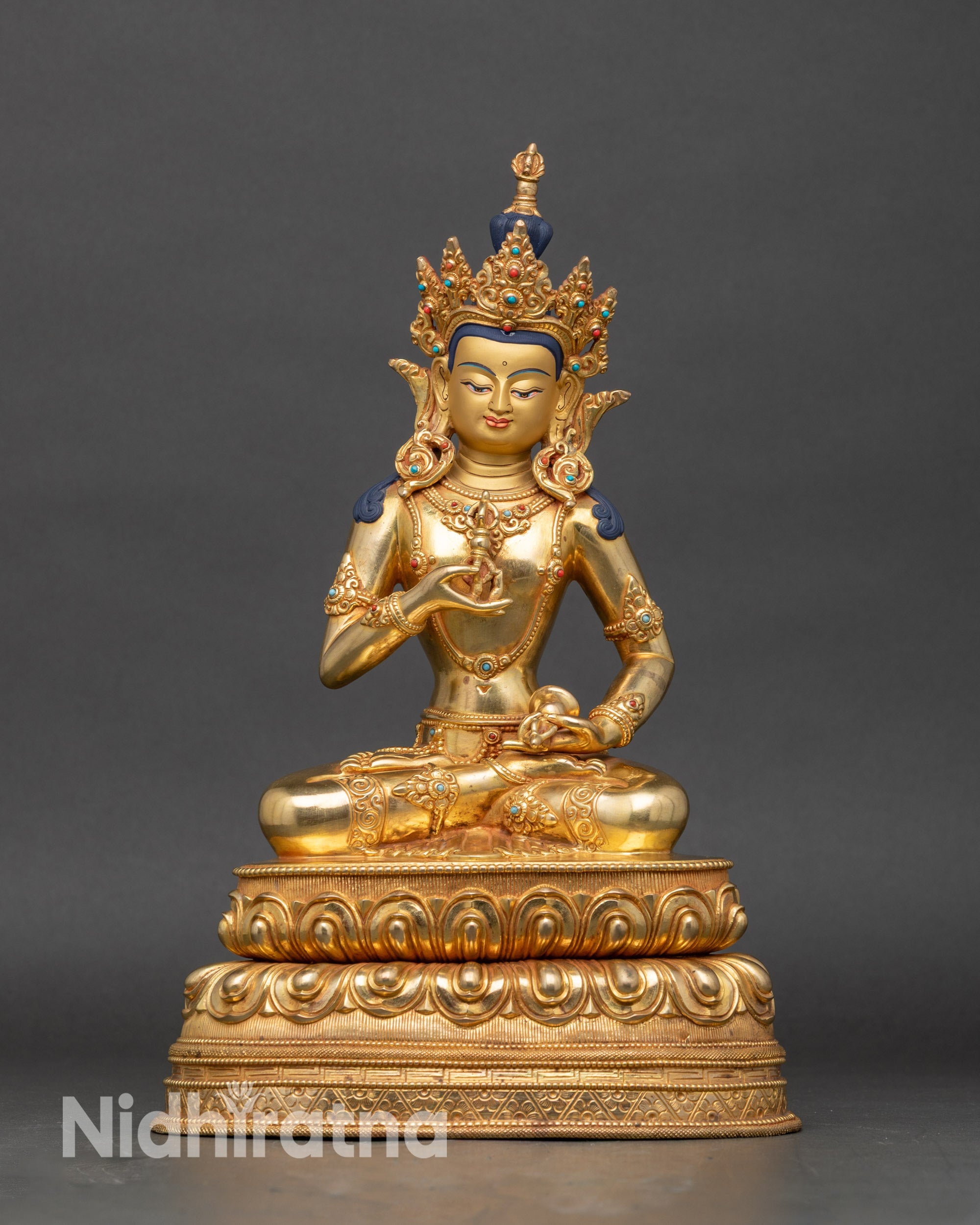 Vajrasattva statue with Five-Jeweled Crown and vajra bell on lotus pedestal