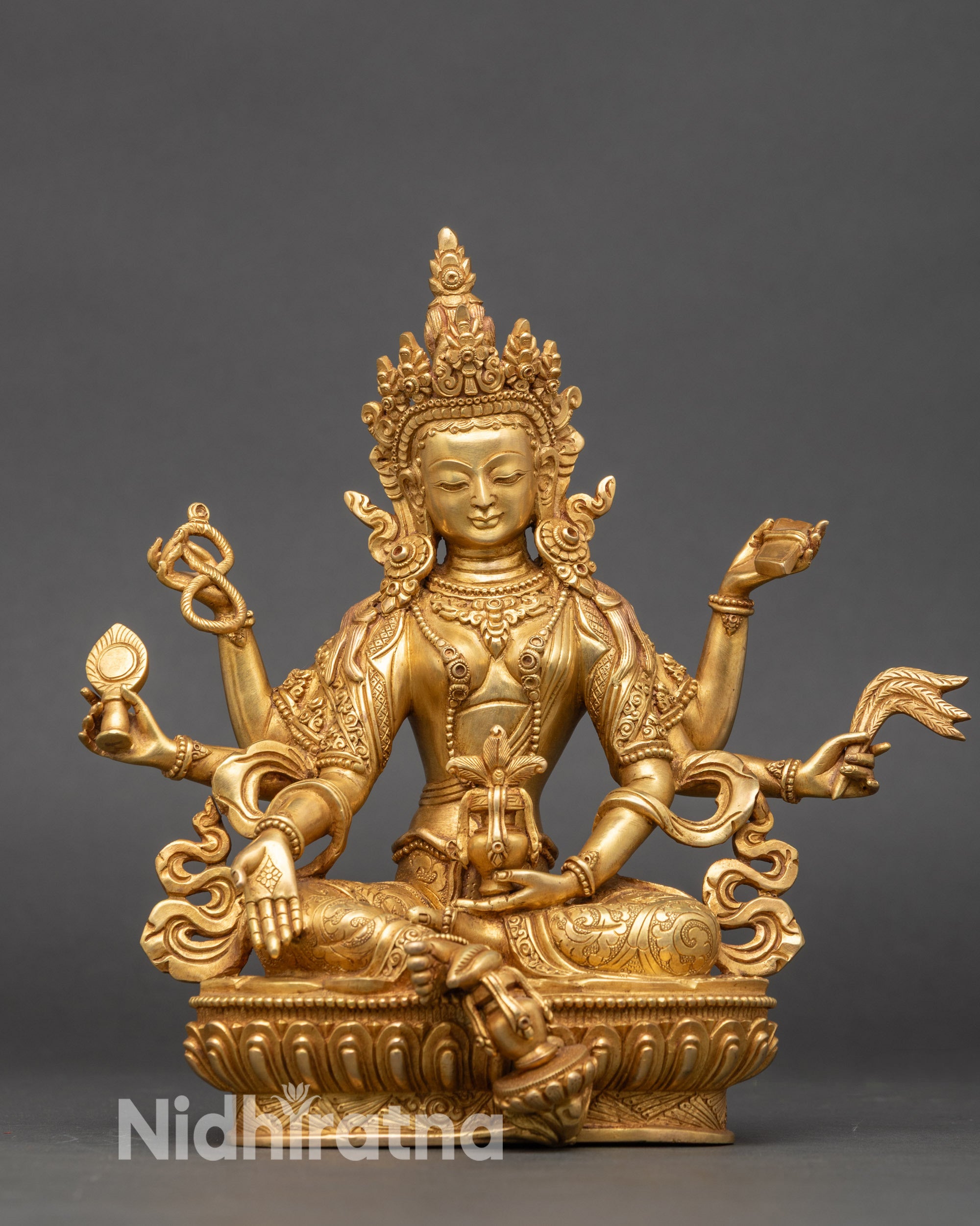 Vasudhara copper statue gold fire gilded Buddhist wealth goddess handmade in Nepal