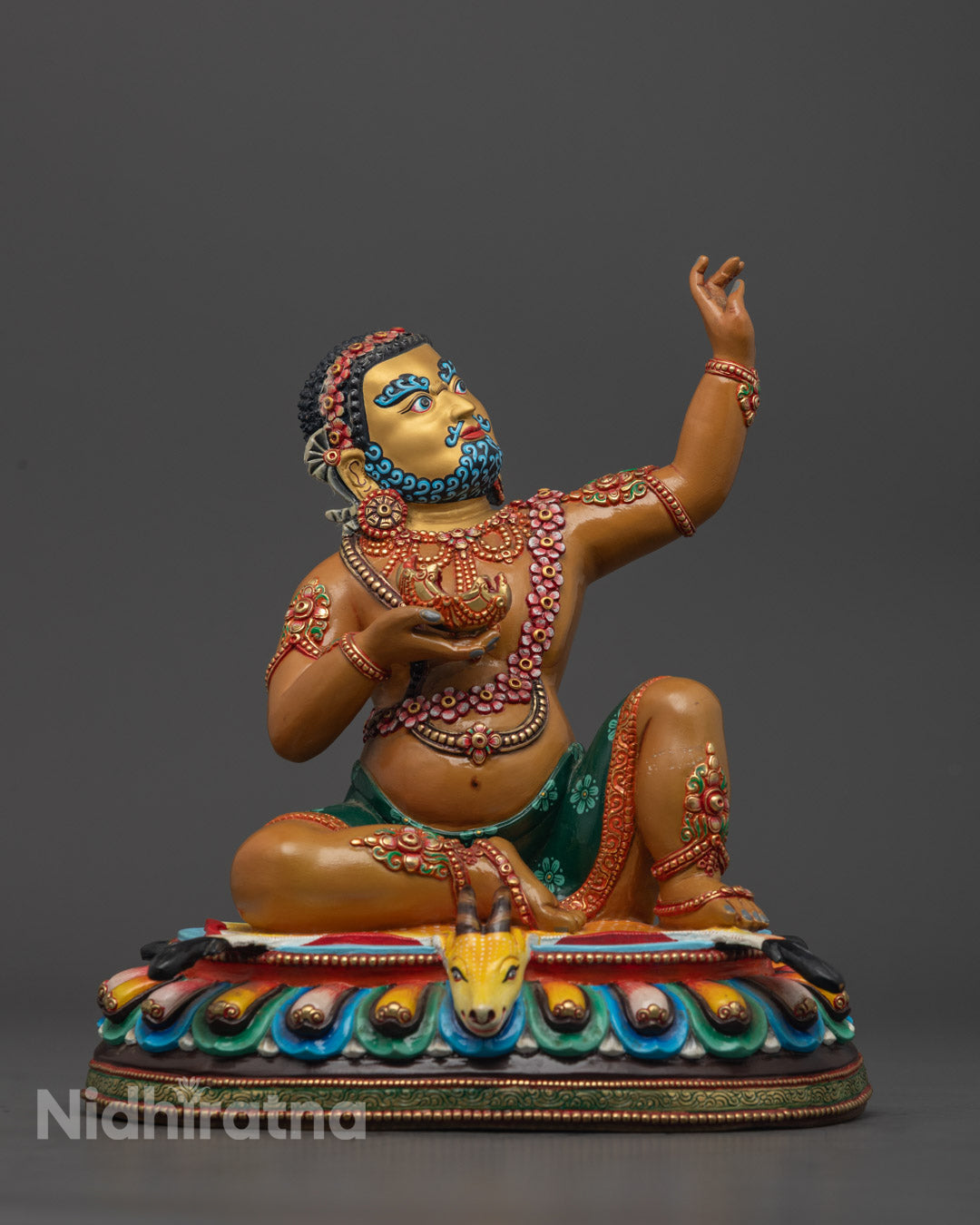 Hand-carved Mahasiddha Virupa Statue crafted from premium copper using the lost wax method by Patan, Nepal artisans, featuring a 24K gold-gilded face and vibrant acrylic colors, showcasing intricate details of the wrathful sun-holding gesture, ideal for Tibetan Buddhist altars.