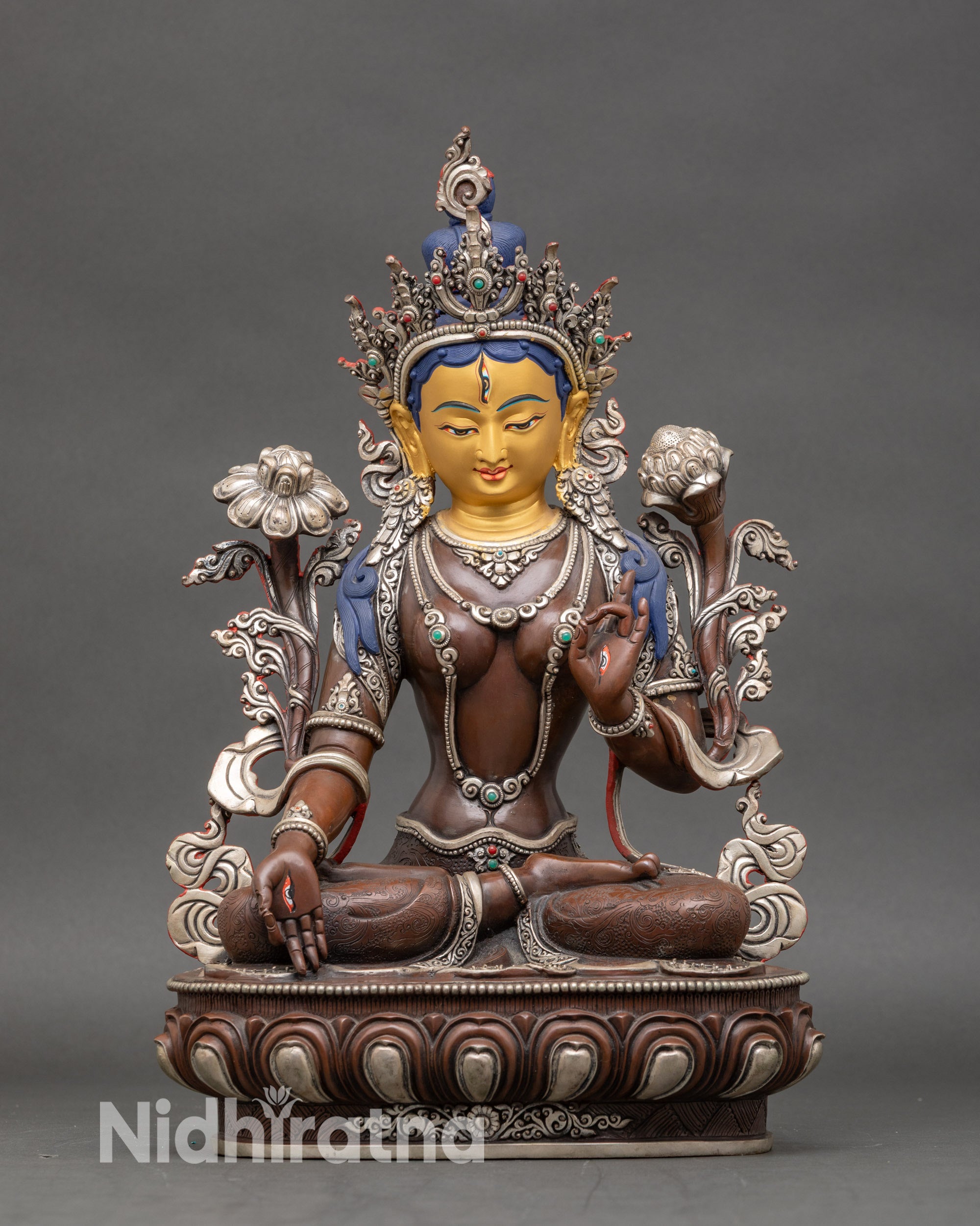 White Tara Statue for altar handcrafted Nepalese Buddhist sculpture silver plated 24K gold face