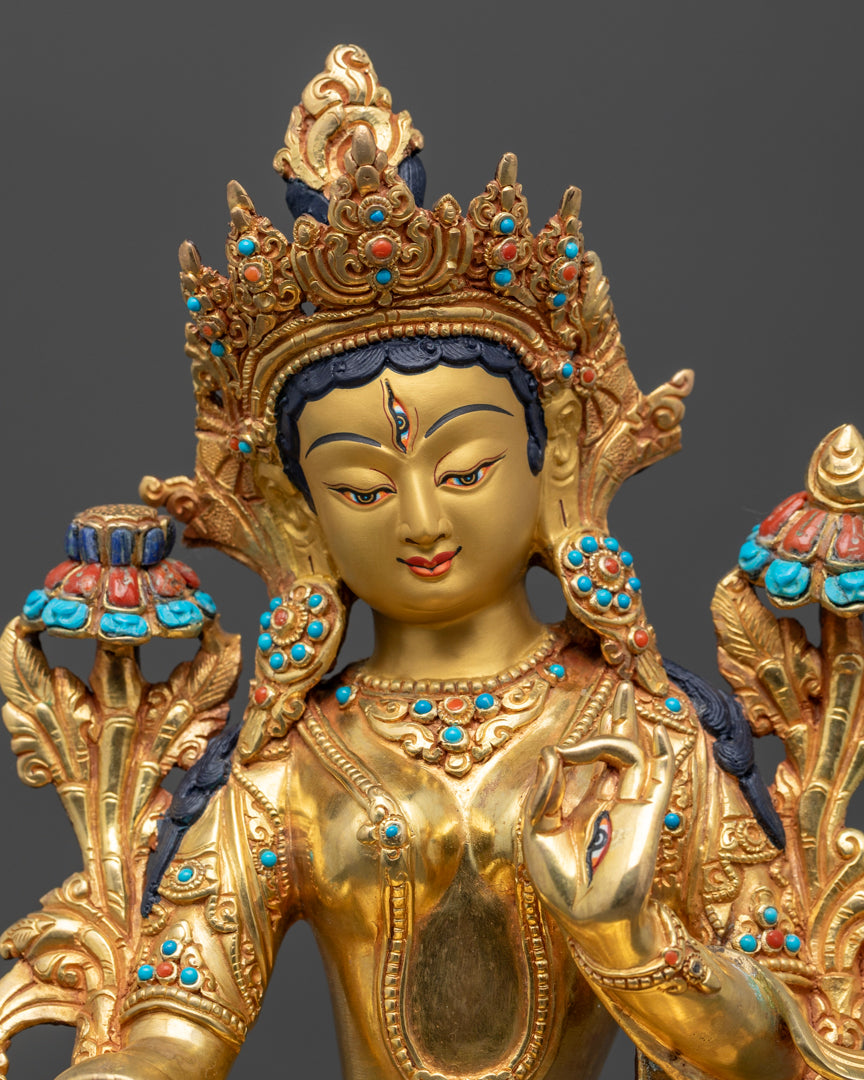 White Tara Statue | 24K Gold Gilded Himalayan Sculpture