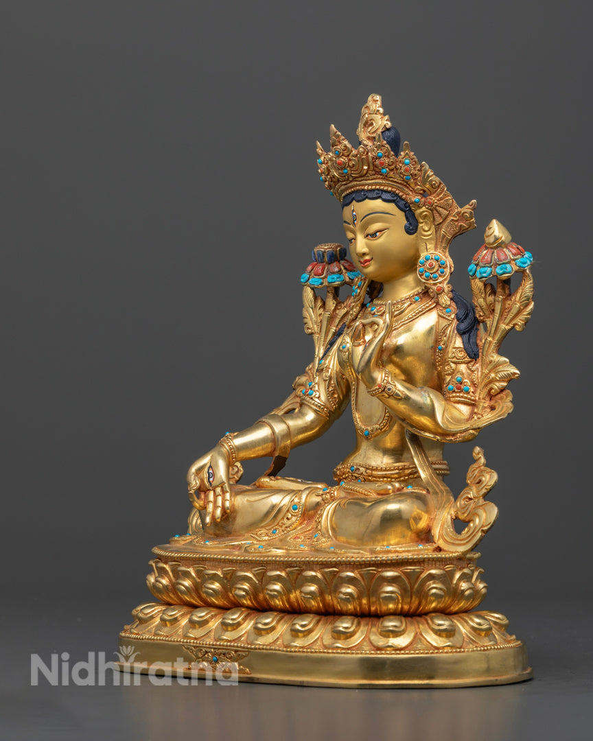 White Tara Statue | 24K Gold Gilded Himalayan Sculpture