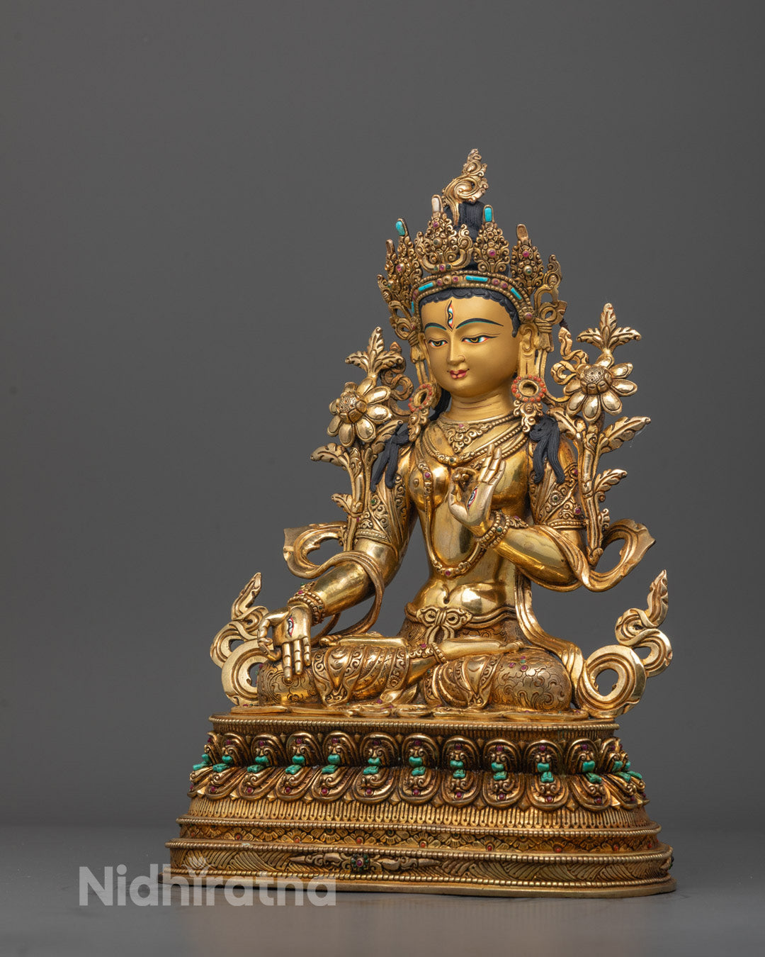 Handcrafted White Tara Sculpture | 24k Fire Gold Gilded Face