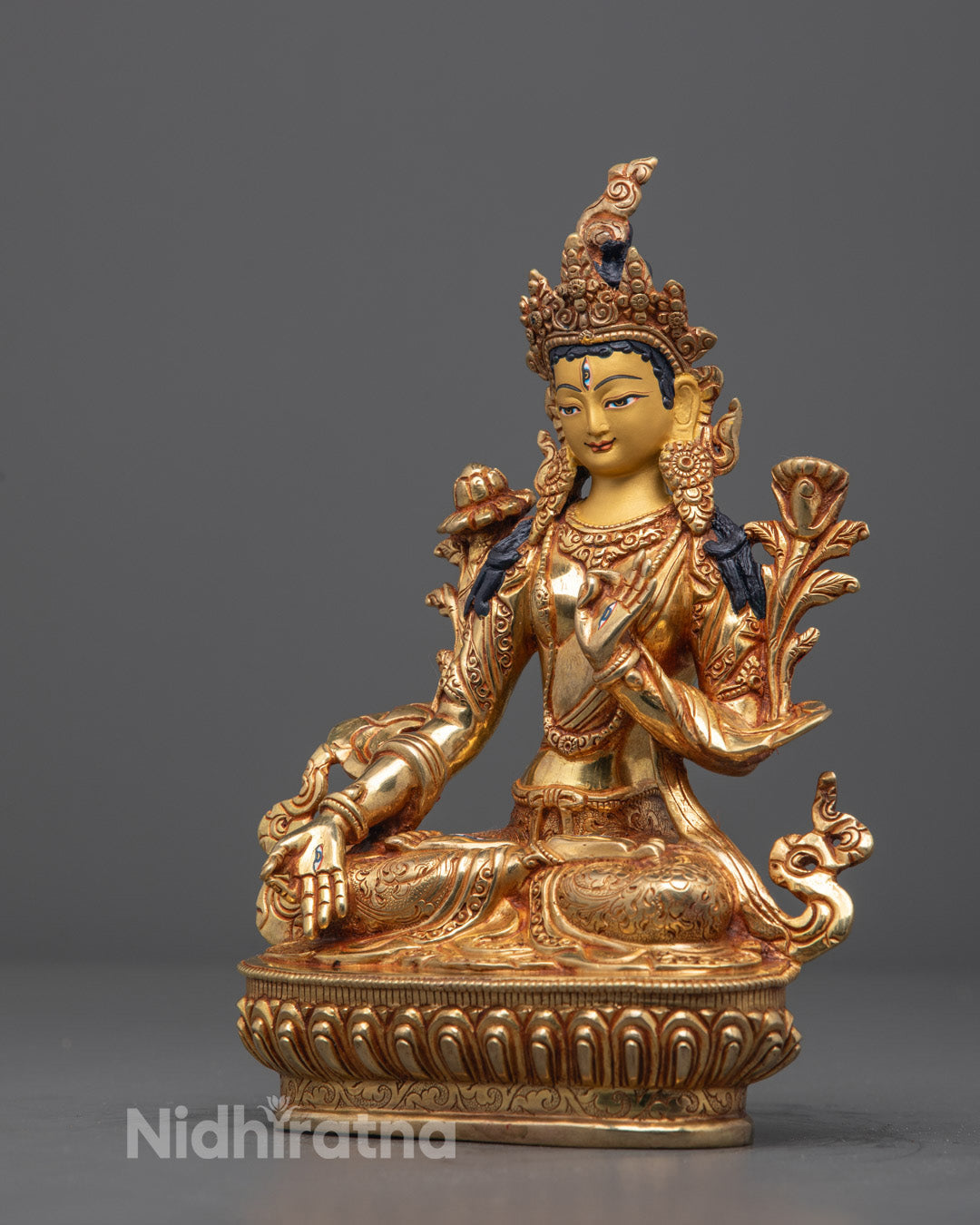 Handmade White Tara Buddhist Statue | 24k Fire-Gilded Gold
