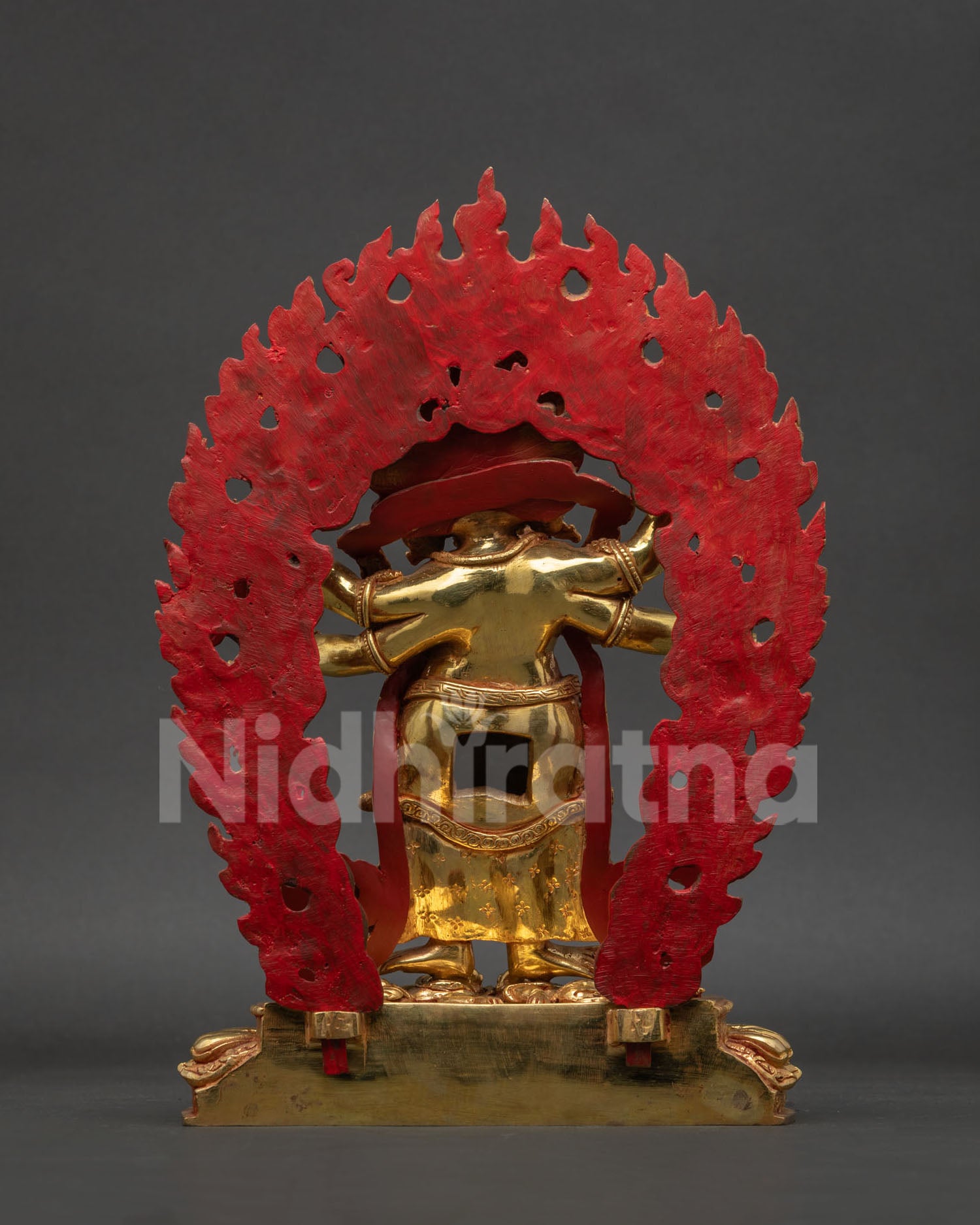 White Mahakala Statue back view, detailed copper carving and oxidized finish