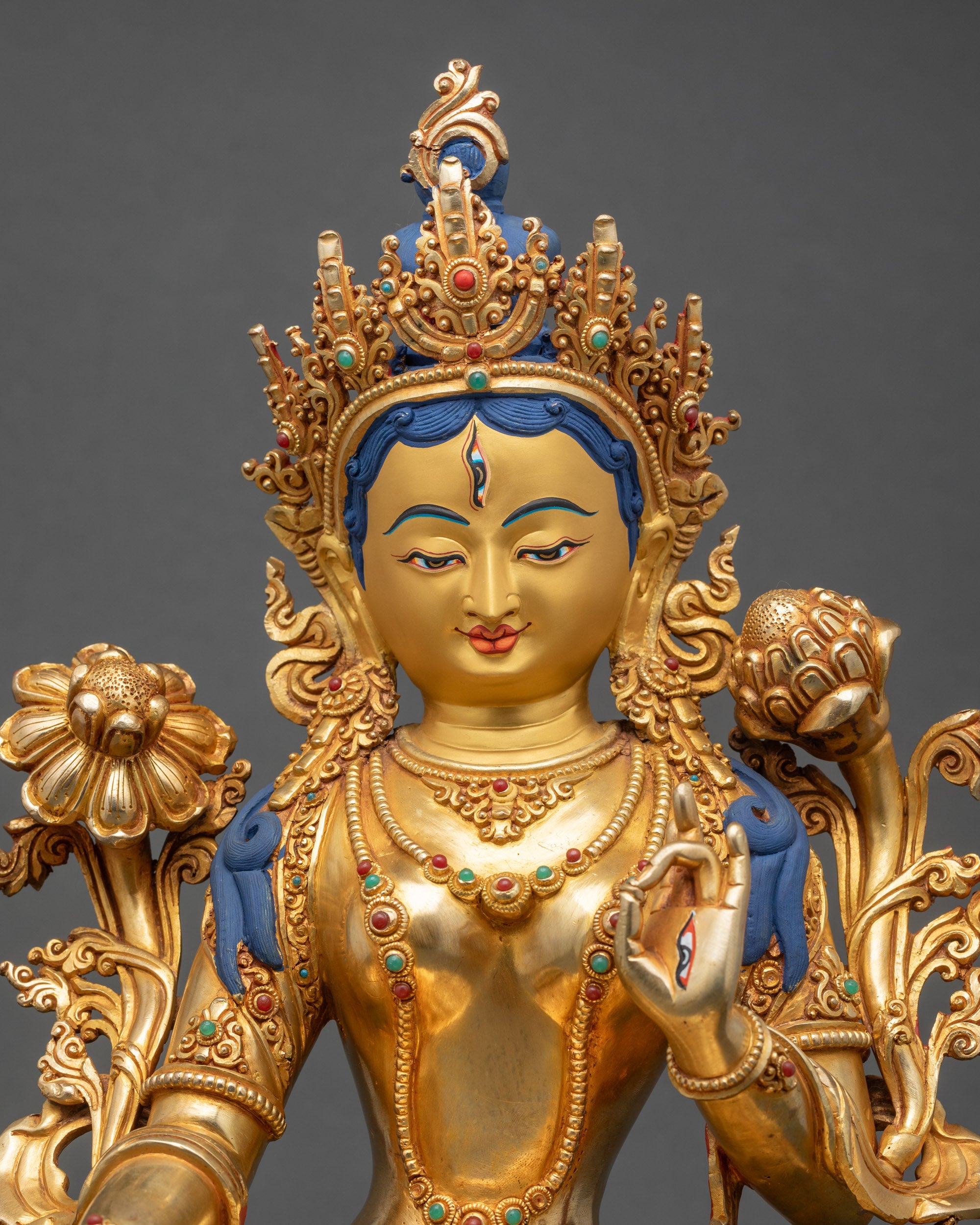 White Tara Buddha figurine close-up showing intricate Newari craftsmanship