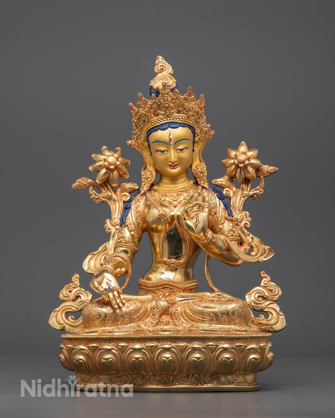 White Tara Female Goddess Statue with gold-gilded face and 24k gold fire-gilded body handcrafted by Nepalese artisans