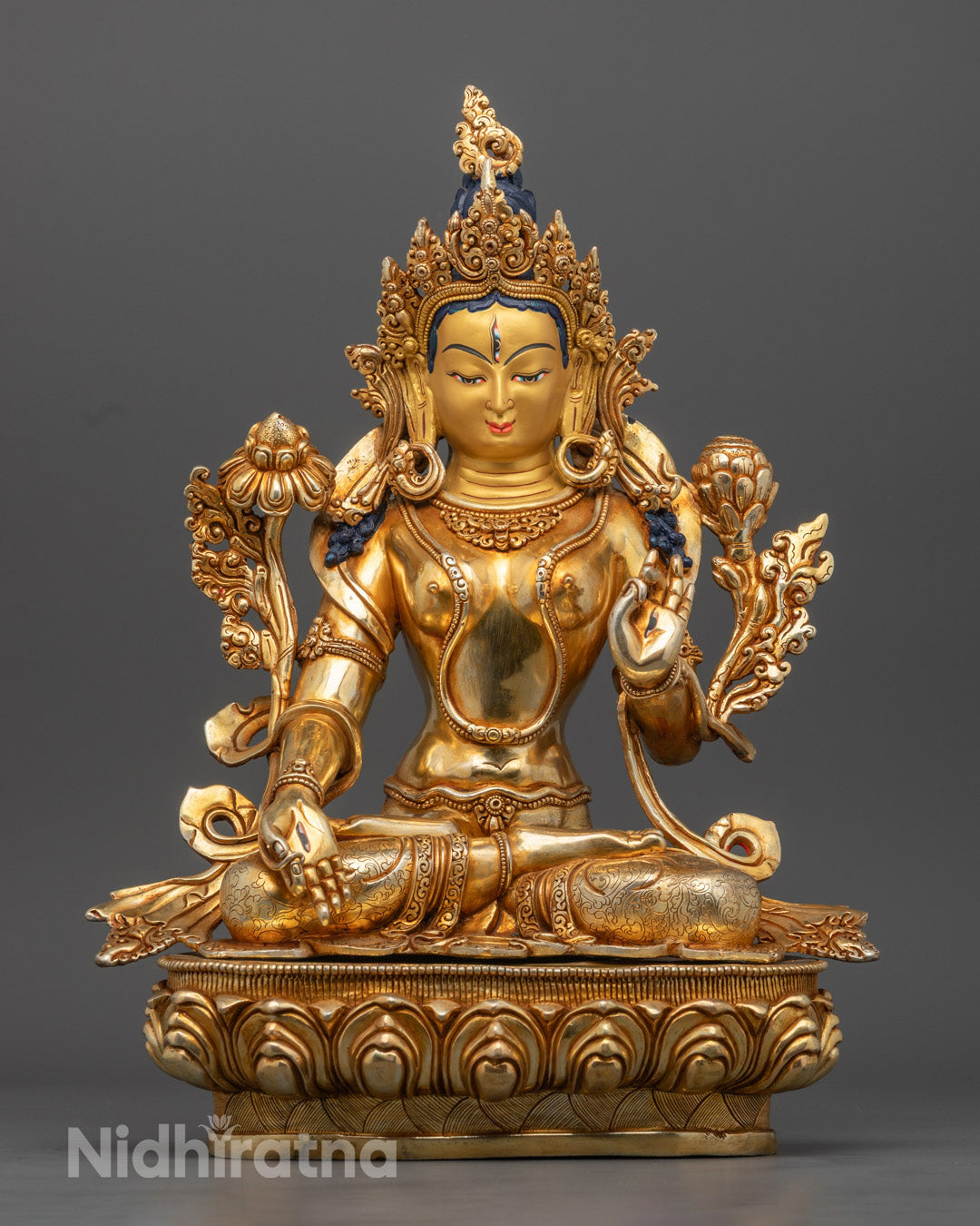 White Tara Figurine with gold-gilded face and gold-plated copper body, handcrafted by Nepalese artisans, radiating divine feminine energy and grace.