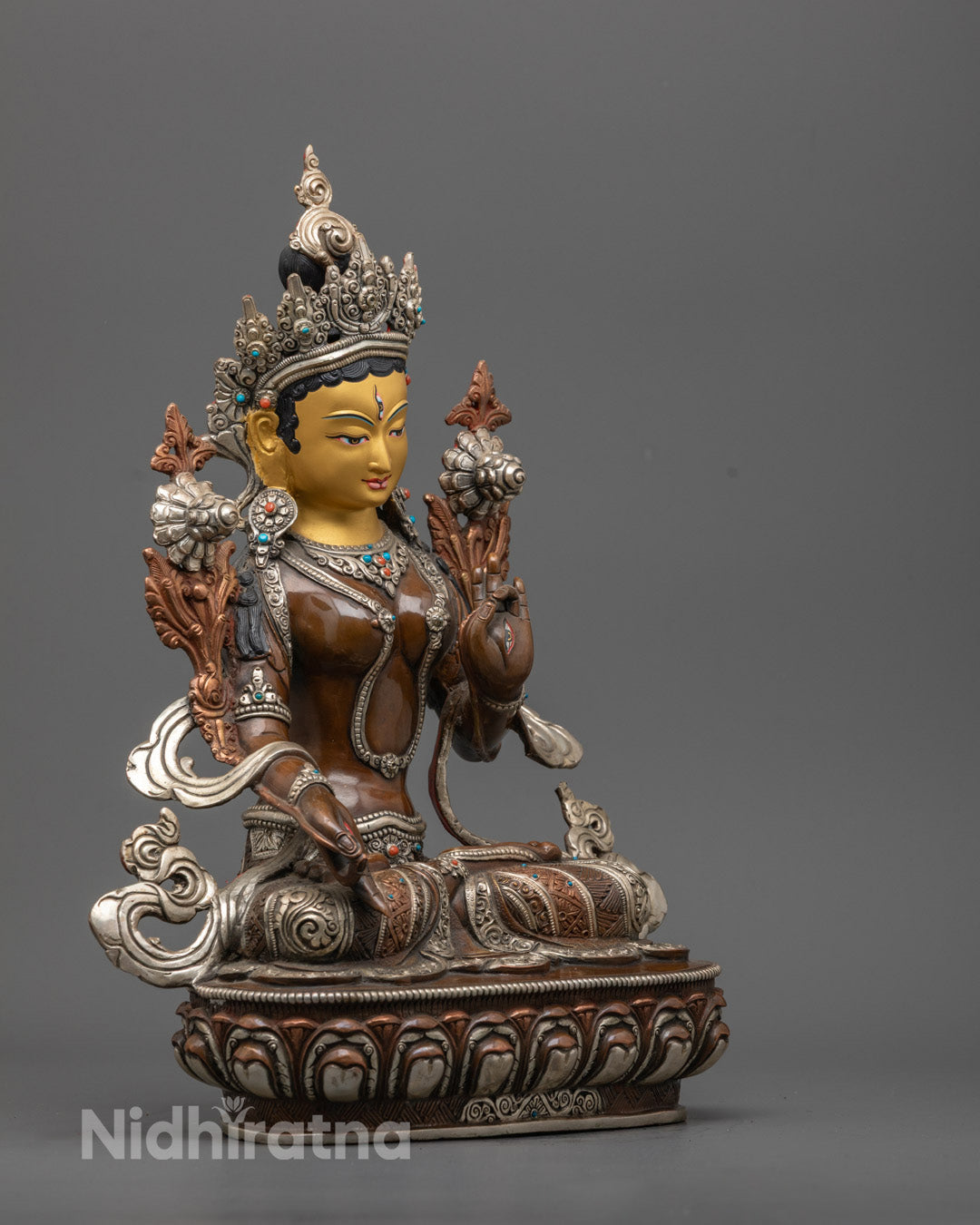 White Tara Statue for Healing & Longevity – Exquisite Buddhist artwork with fire-gilded gold, silver accents, and a hollow chamber for concentration.