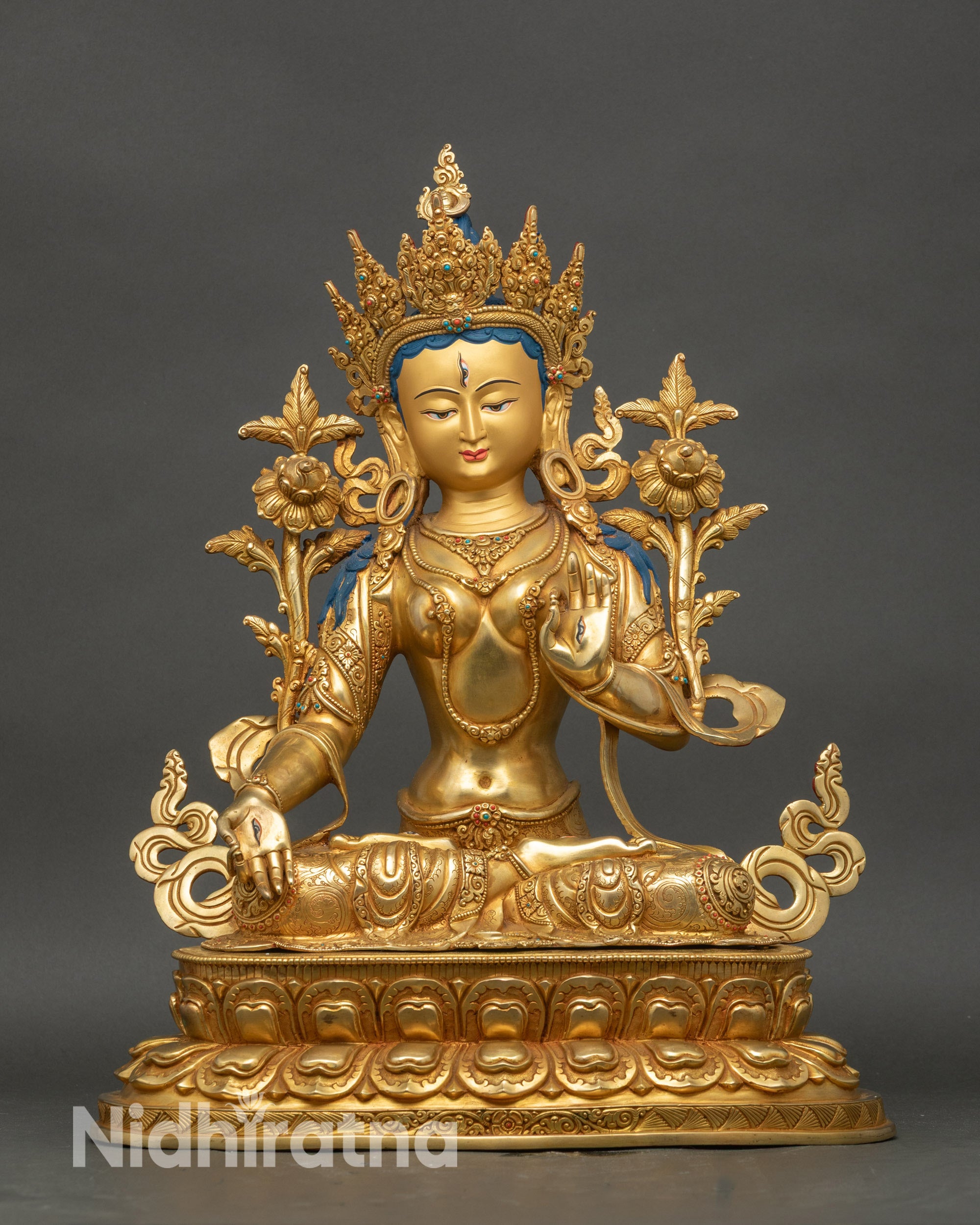 White Tara Statue seated on lotus throne, handcrafted copper with gold fire-gilding