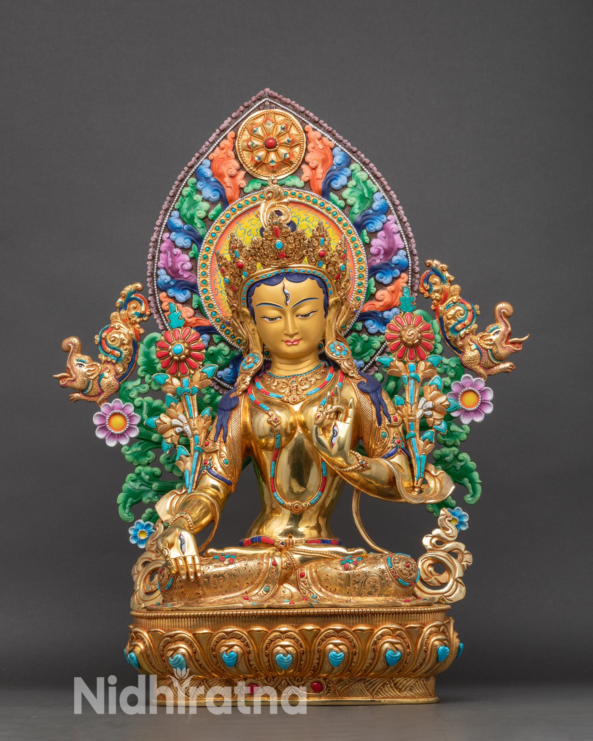 White Tara statue full view, hand-painted gold fire-gilded copper, Nepalese craftsmanship