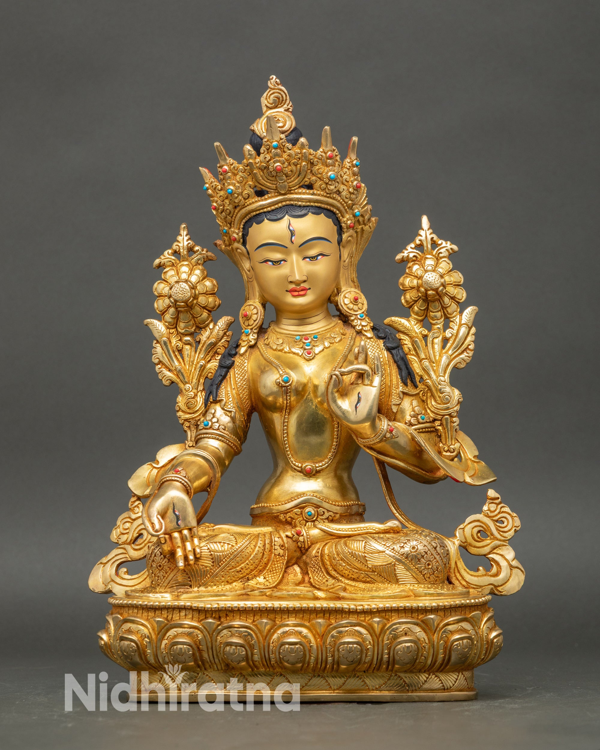 White Tara statue full view, handcrafted copper with gold fire-gilding