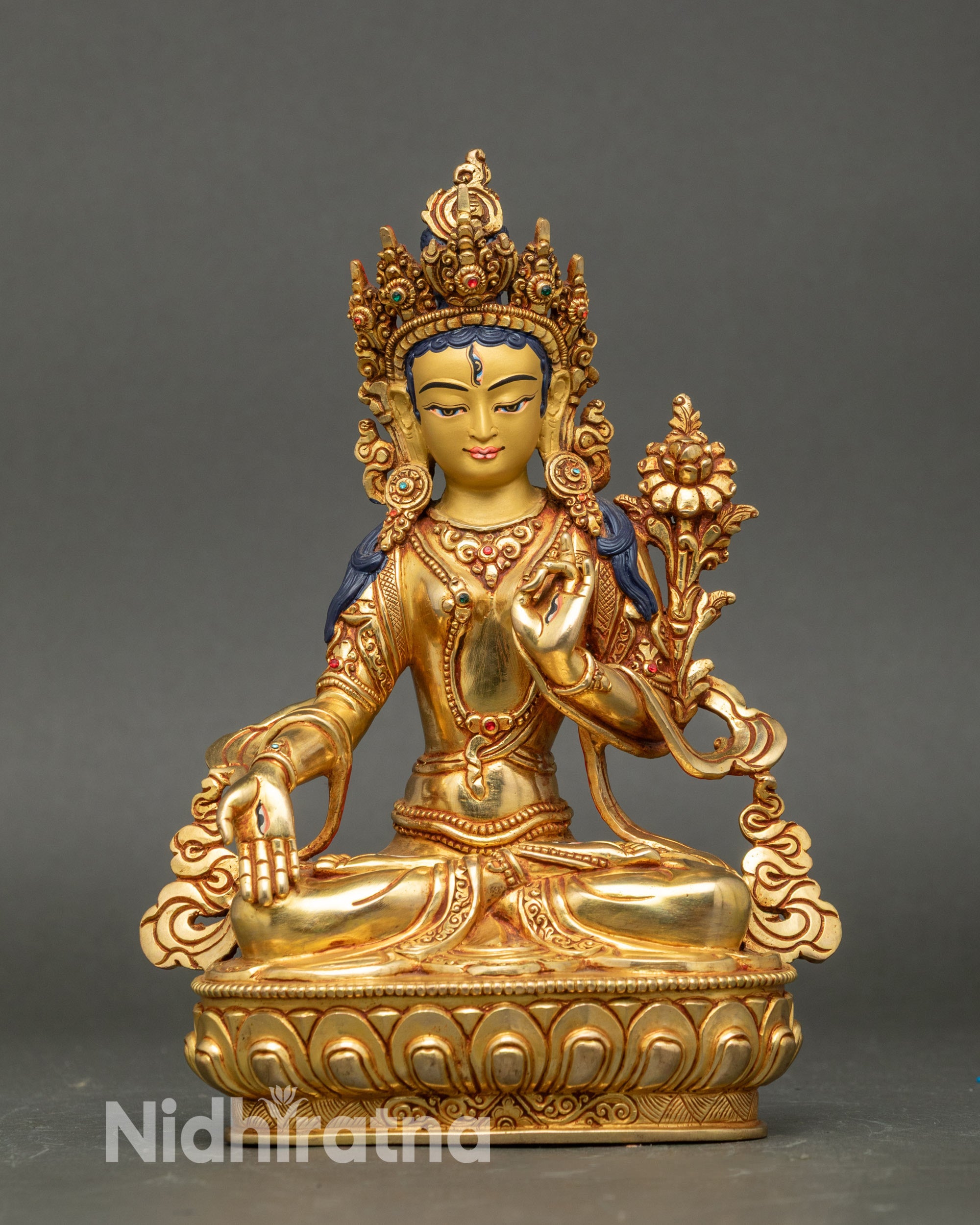 White Tara statue full view, handcrafted copper with gold fire-gilding and lotus thronea