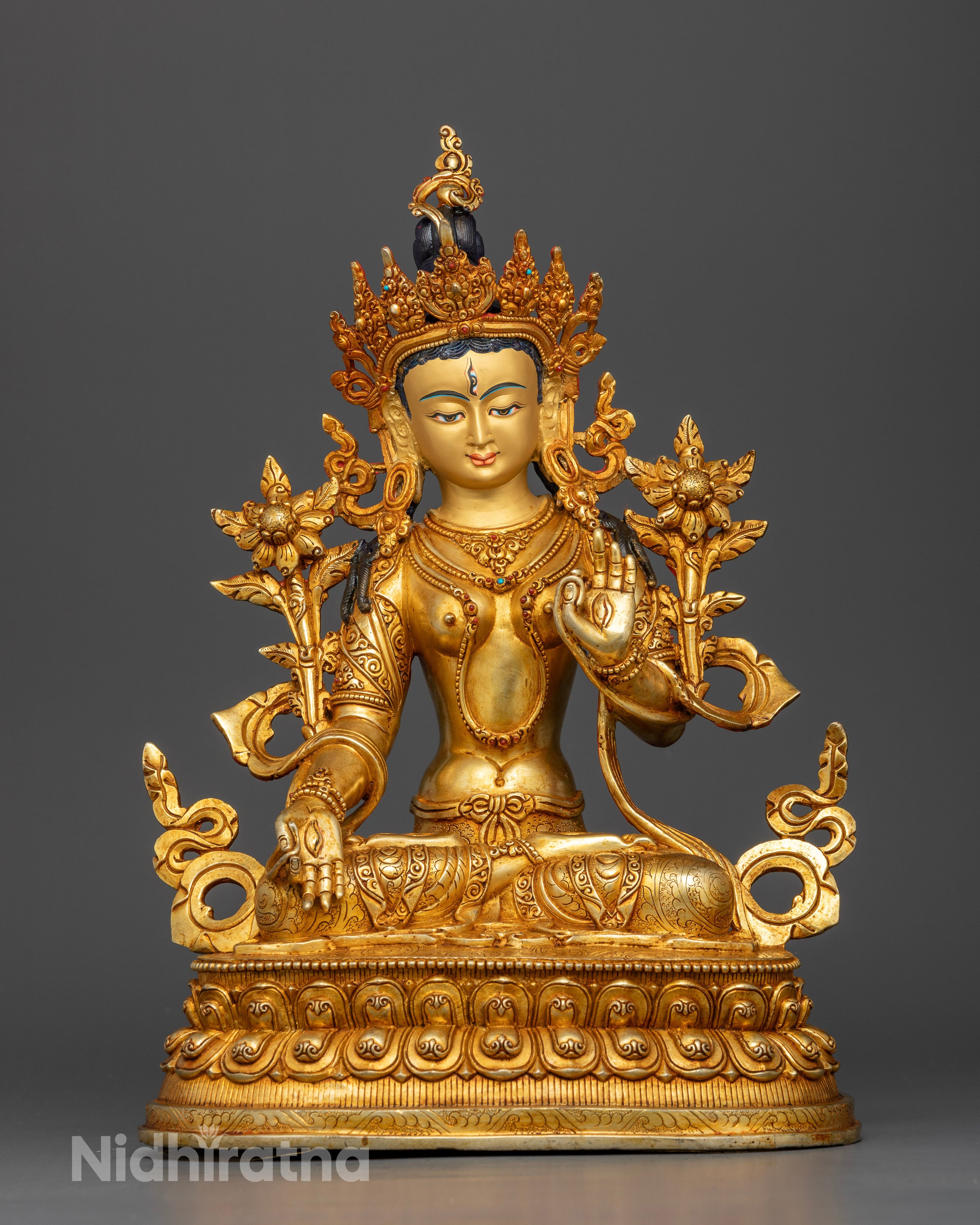 White Tara statue in full lotus posture, handcrafted Nepalese copper with 24K gold face