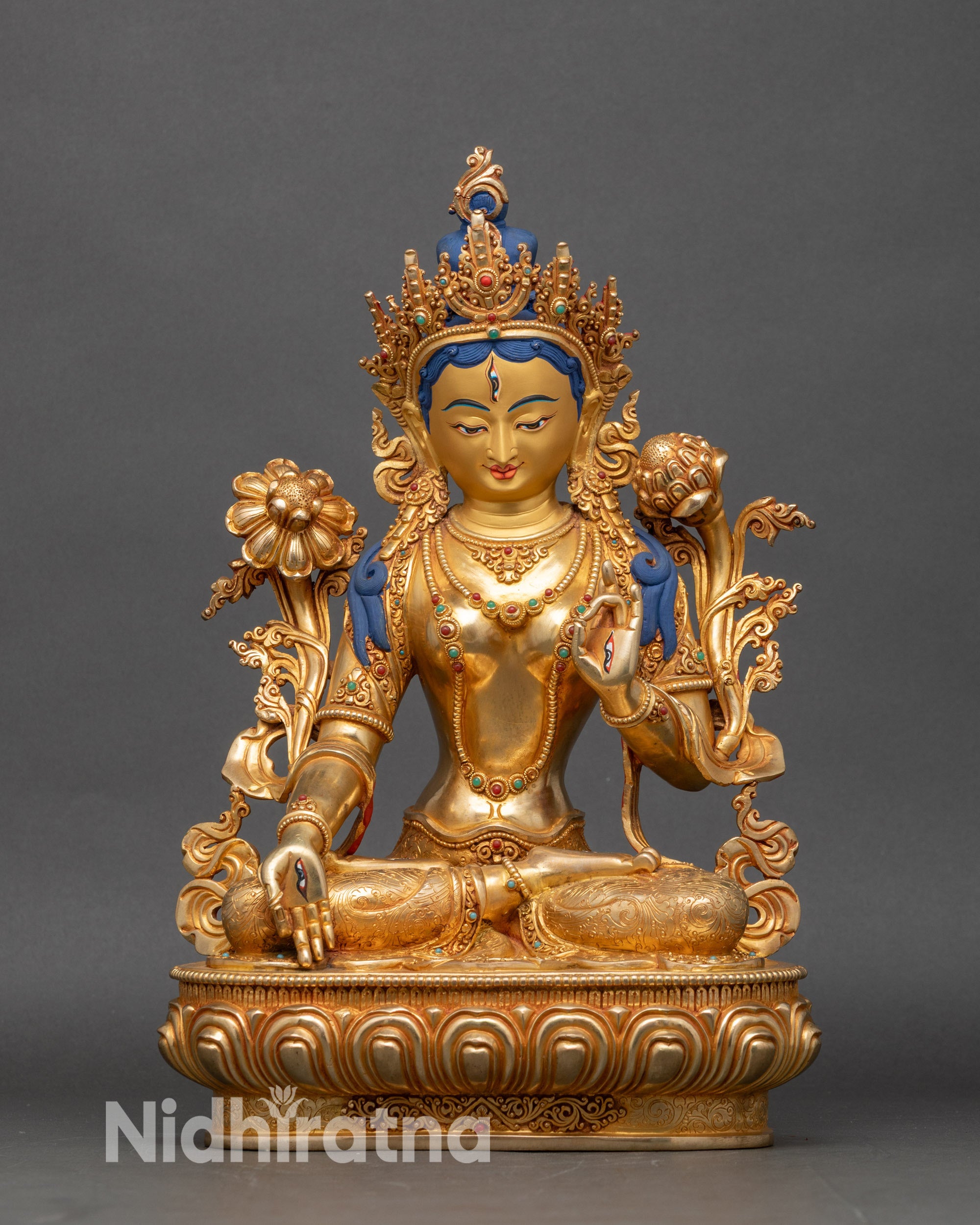 White Tara statue on lotus throne, handcrafted Nepalese copper with gold gilding