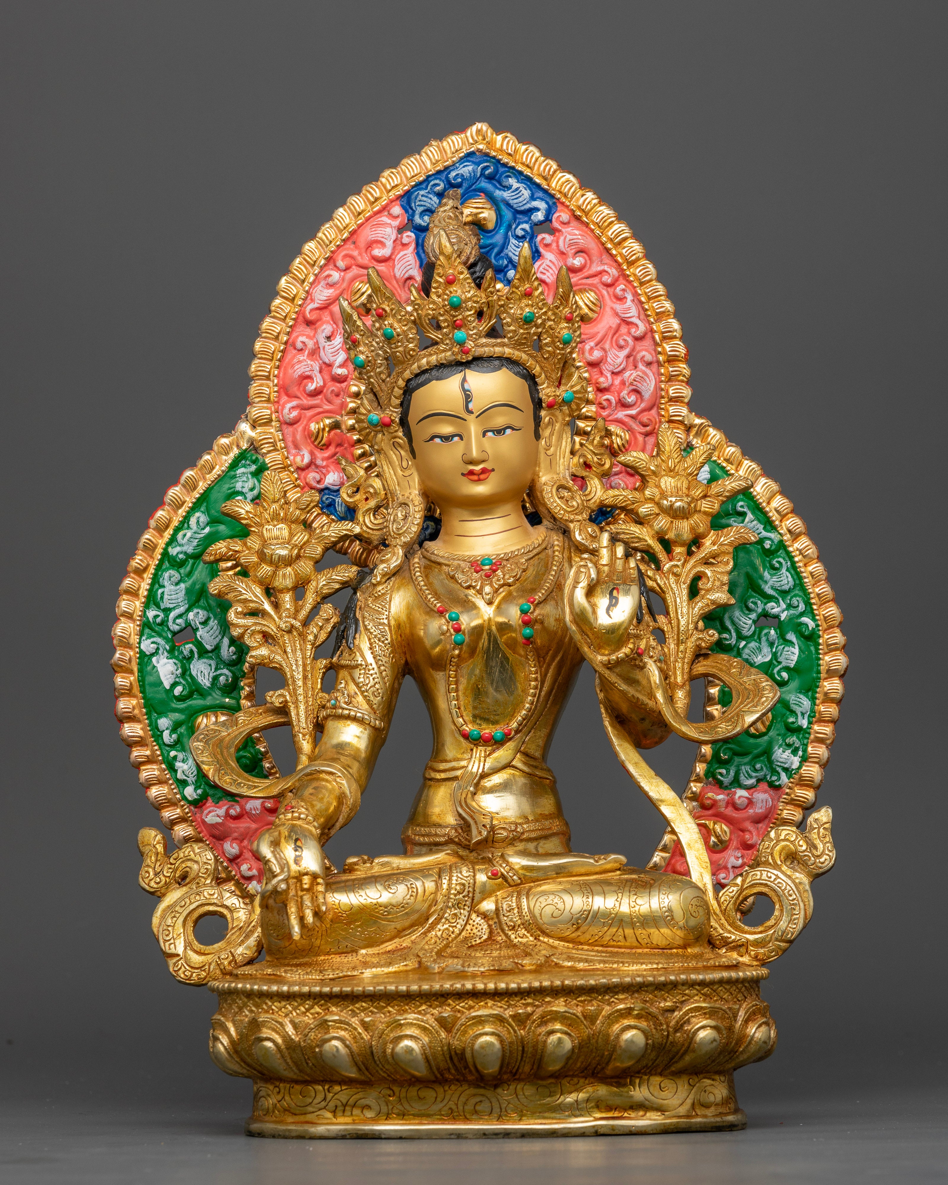 White Tara statue with seven eyes, gold fire-gilded, handcrafted by Nepalese Newar artist