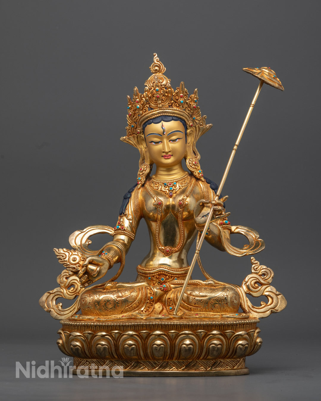 Gold-Gilded Dukar Statue with Radiant Finish - White Umbrella Goddess of Protection