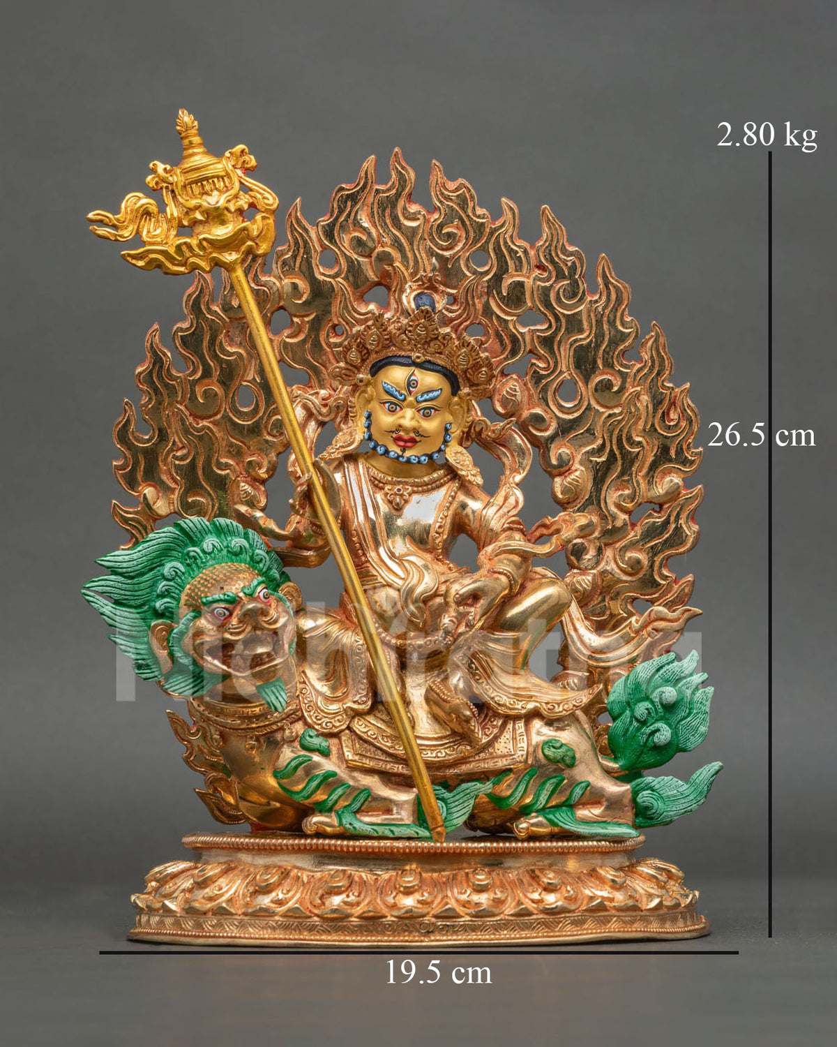 Namtoshe Statue copper gold gilded 24K gold painted face snow lion lotus pedestal.