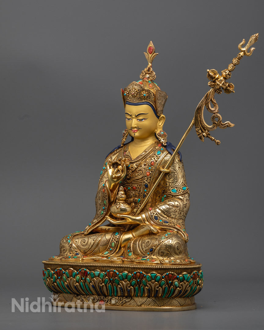 Wrathful form of Padmasambhava, Guru Tsokye Dorje statue seated on a lotus throne with vibrant colors