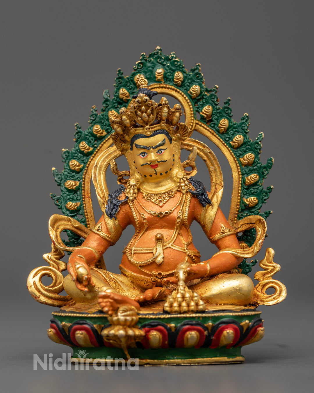 Yellow-Hued Dzambhala Statue with gold-plated face and acrylic-painted details, seated on a lotus throne