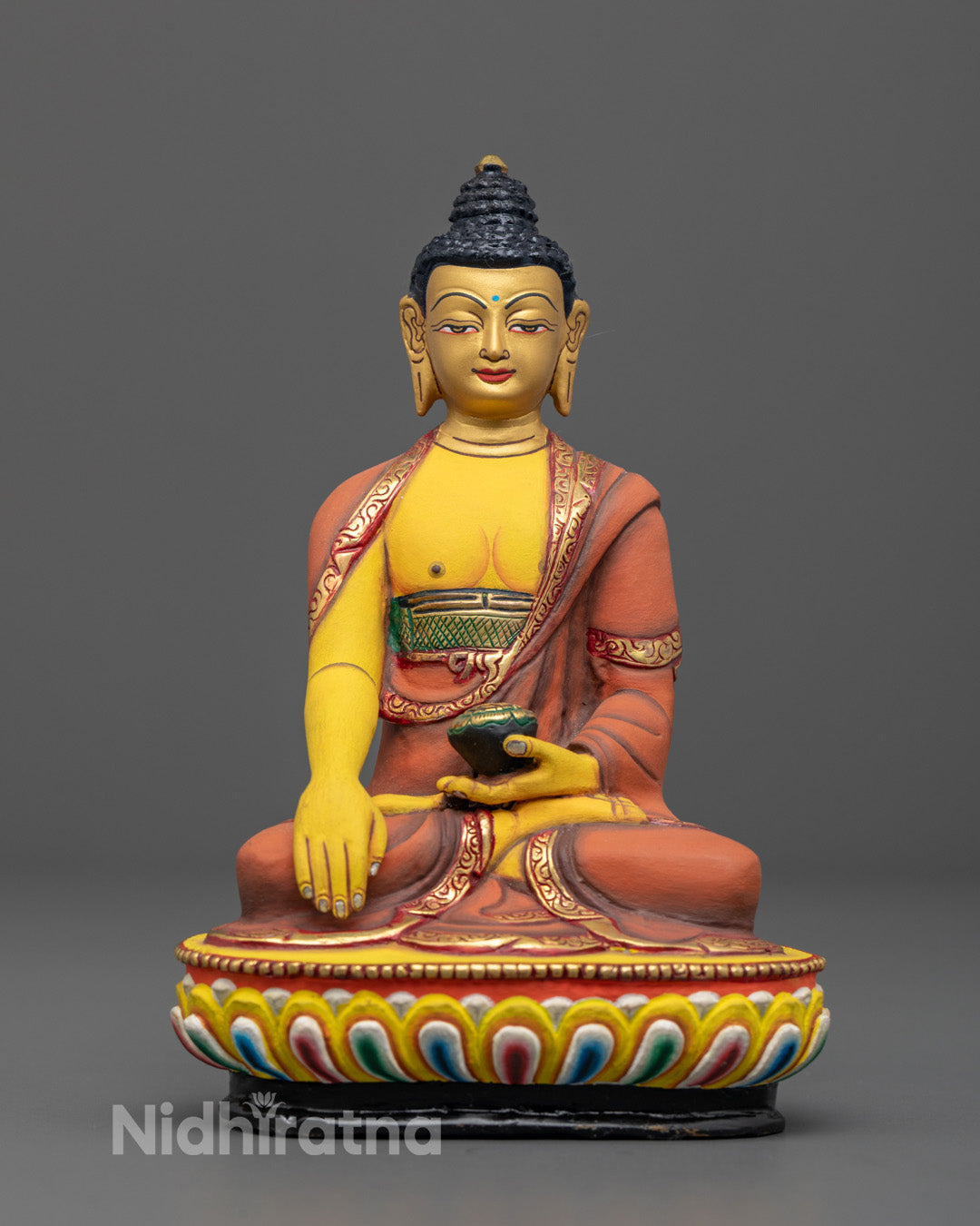 Yellow-Shade Gautam Shakyamuni Buddha meditation statue with 24k gold-plated face and vibrant acrylic colors