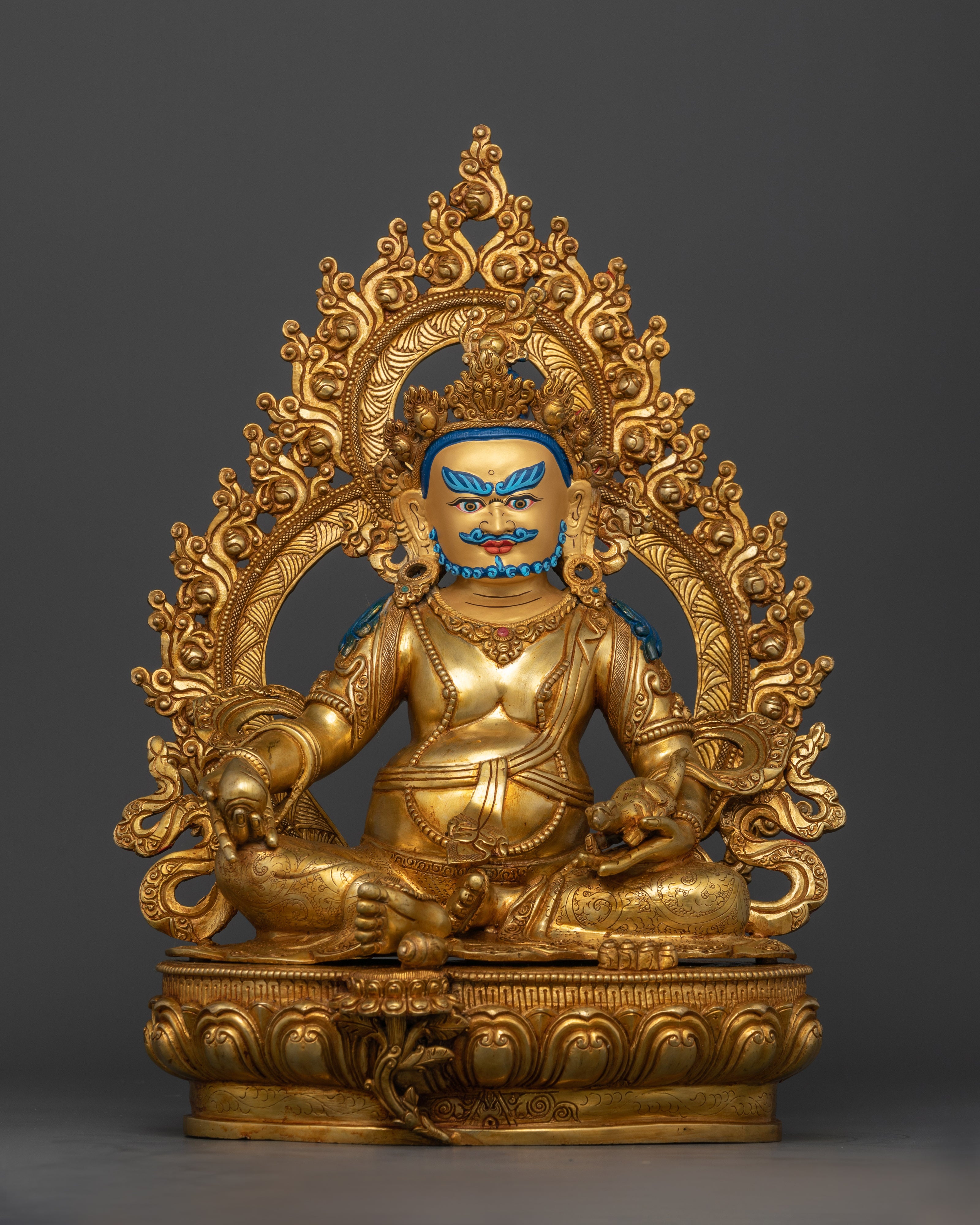 Yellow Dzambhala Statue gold fire-gilded copper, handmade in Nepal, Buddhist wealth deity seated on lotus throne
