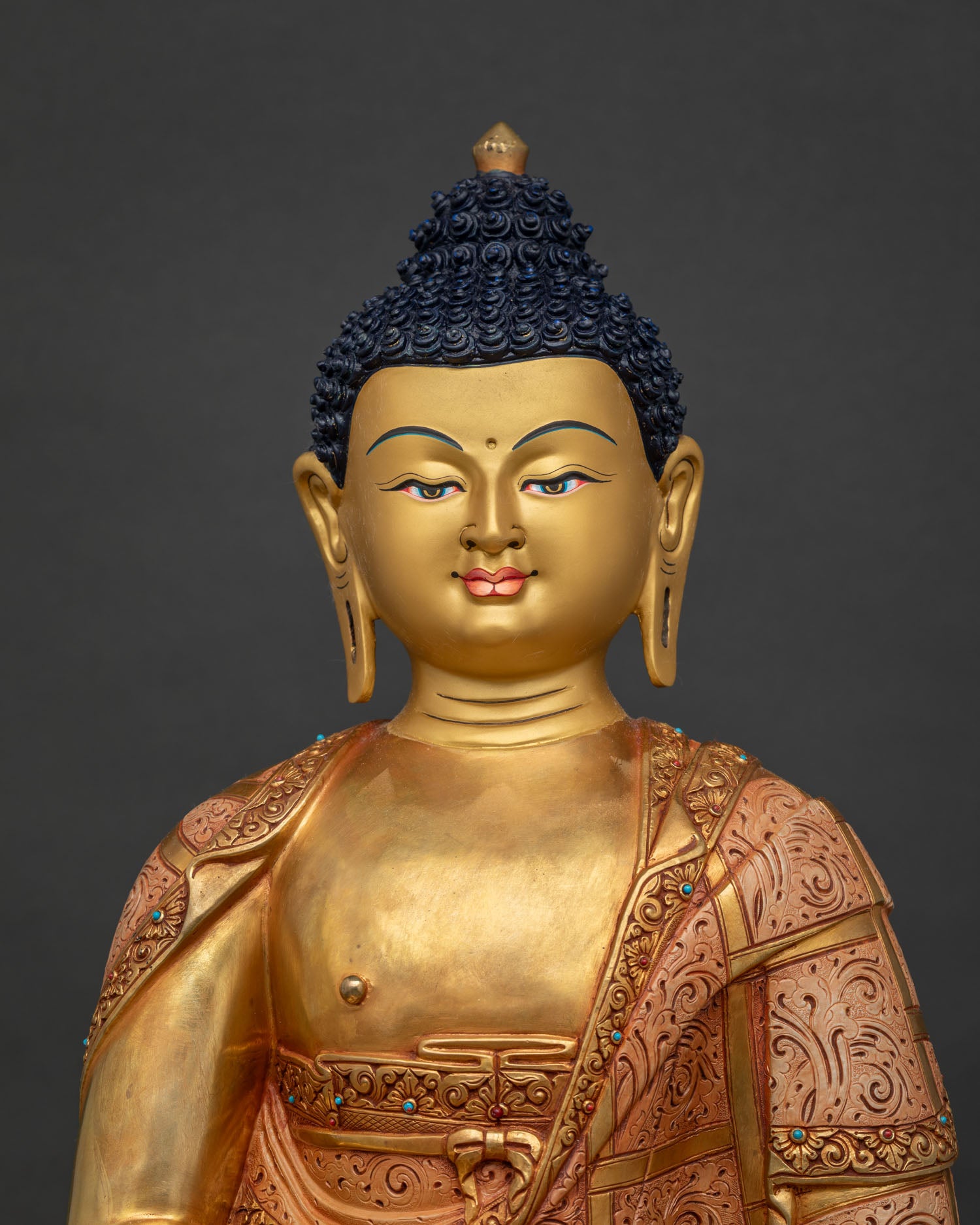 Amitabha Buddha close-up, 17-inch fire-gilded copper meditation statue with detailed painted monk's robe