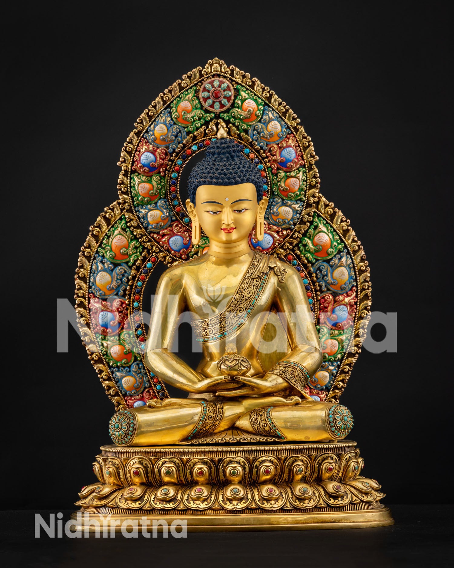 Amitabha Buddha gold fire-gilded copper statue, colorful stone-inlaid floral halo, seated in meditation, Nepal