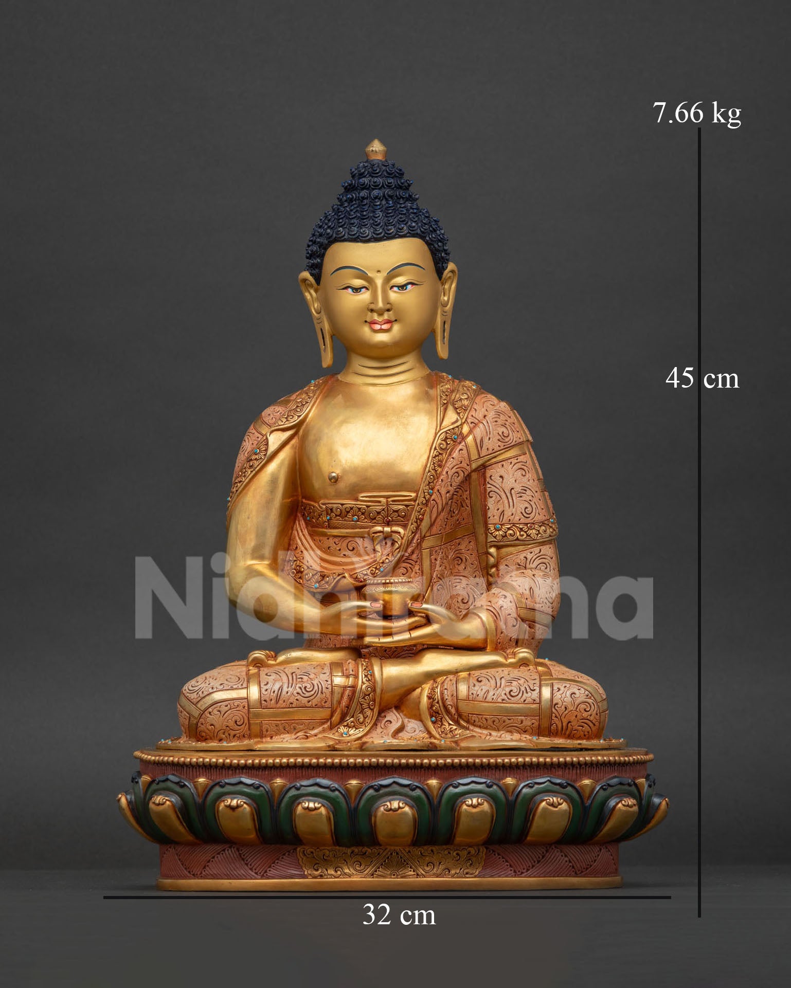 Amitabha Buddha handcrafted statue front view, fire-gilded copper with serene expression and ornate robes
