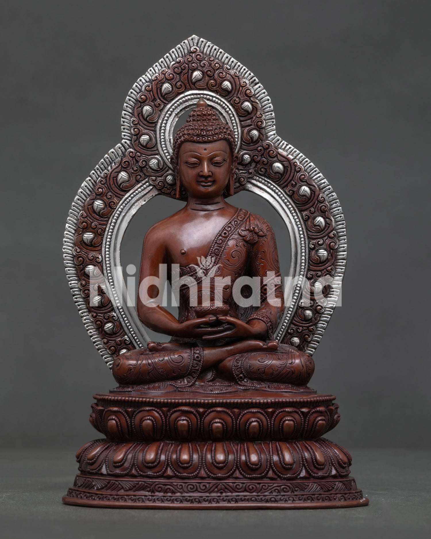 Amitabha Buddha oxidized copper statue with silver plated halo front view.