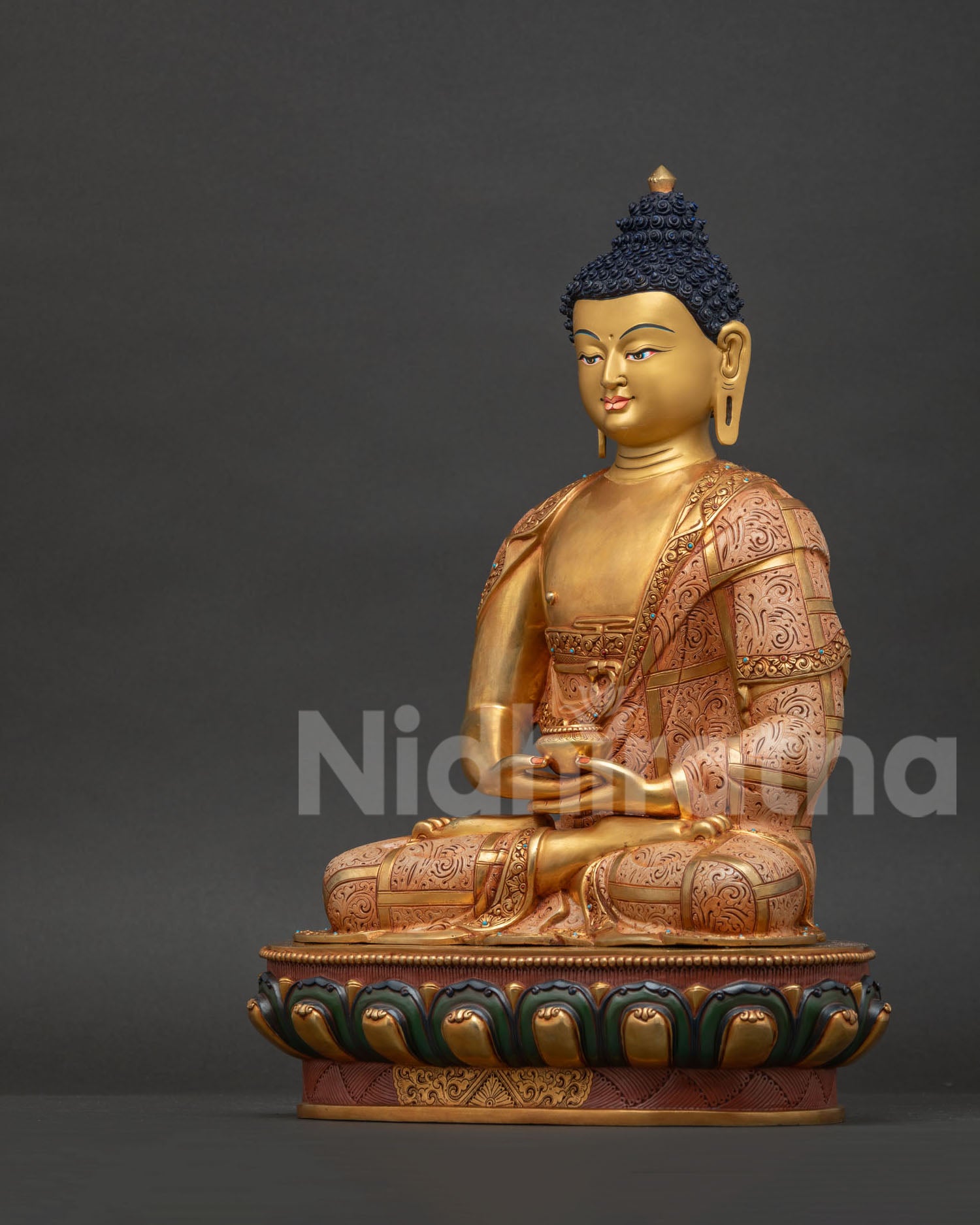 Amitabha Buddha right side, fire-gilded copper statue with hand-painted robes and authentic artistry