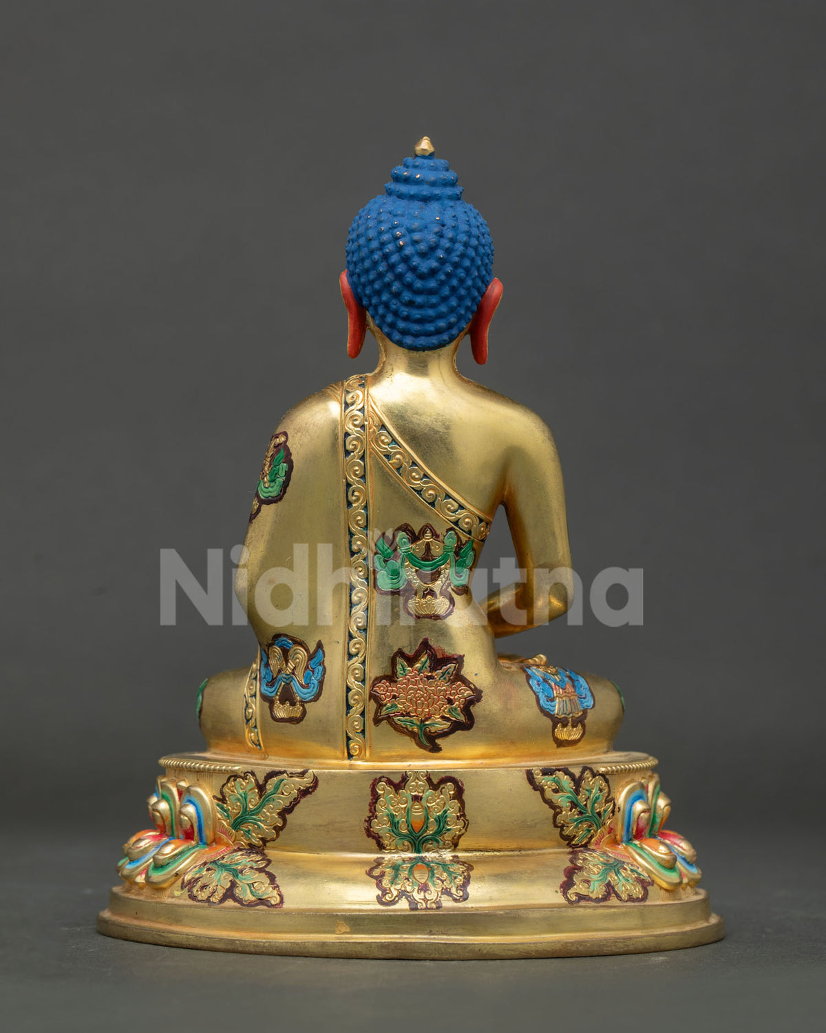 Amitabha buddha seated on multicolor double lotus pedestal with handcarved ashtamangala robe.