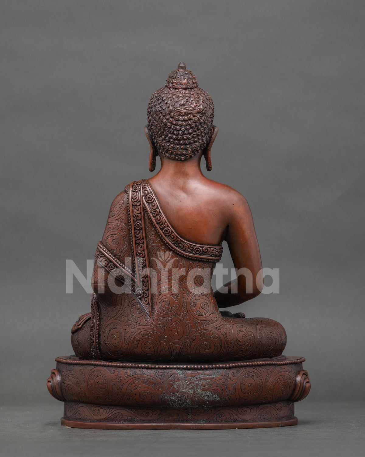 Amitabha buddha statue alms bowl dhyana mudra and handcarved details.