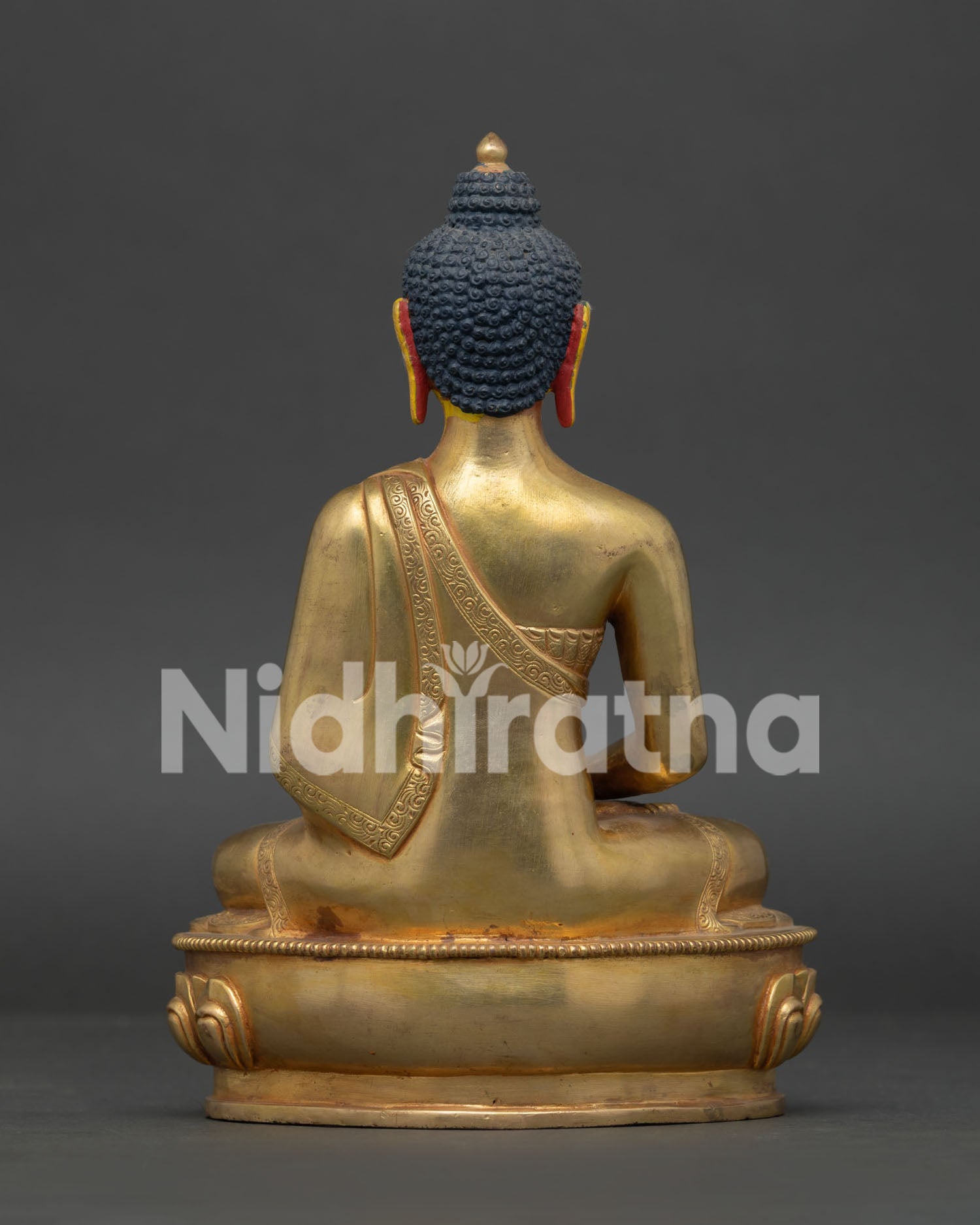 Amitabha Buddha Statue Back View Hand Carved Monk Robe Gold Gilded Finish.