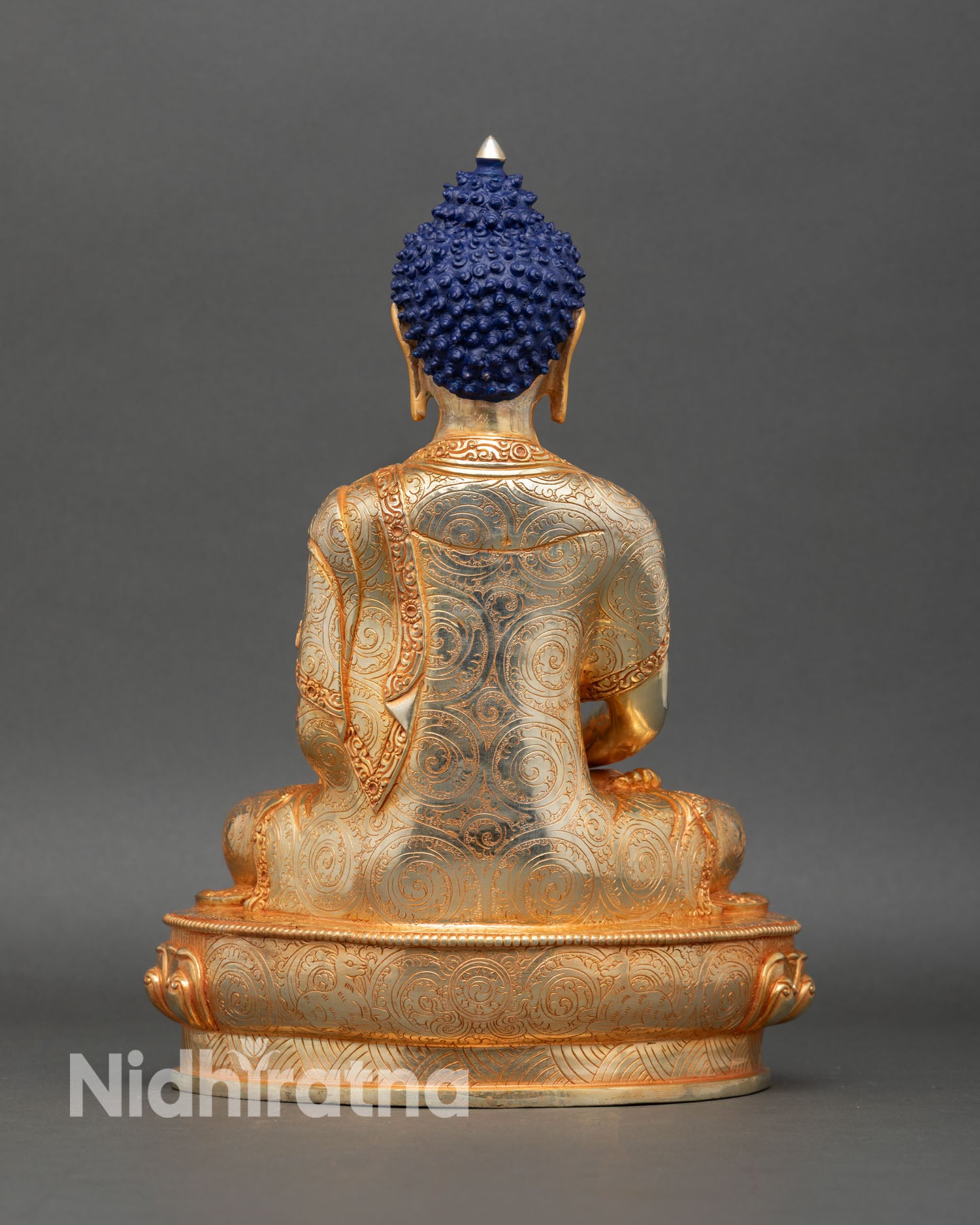 Amitabha Buddha statue back view lotus throne pedestal oxidized copper sacred Buddhist altar decor meditation room statue