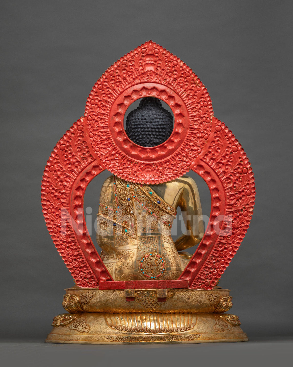 Amitabha Buddha Statue back view showing red aureole and lotus base