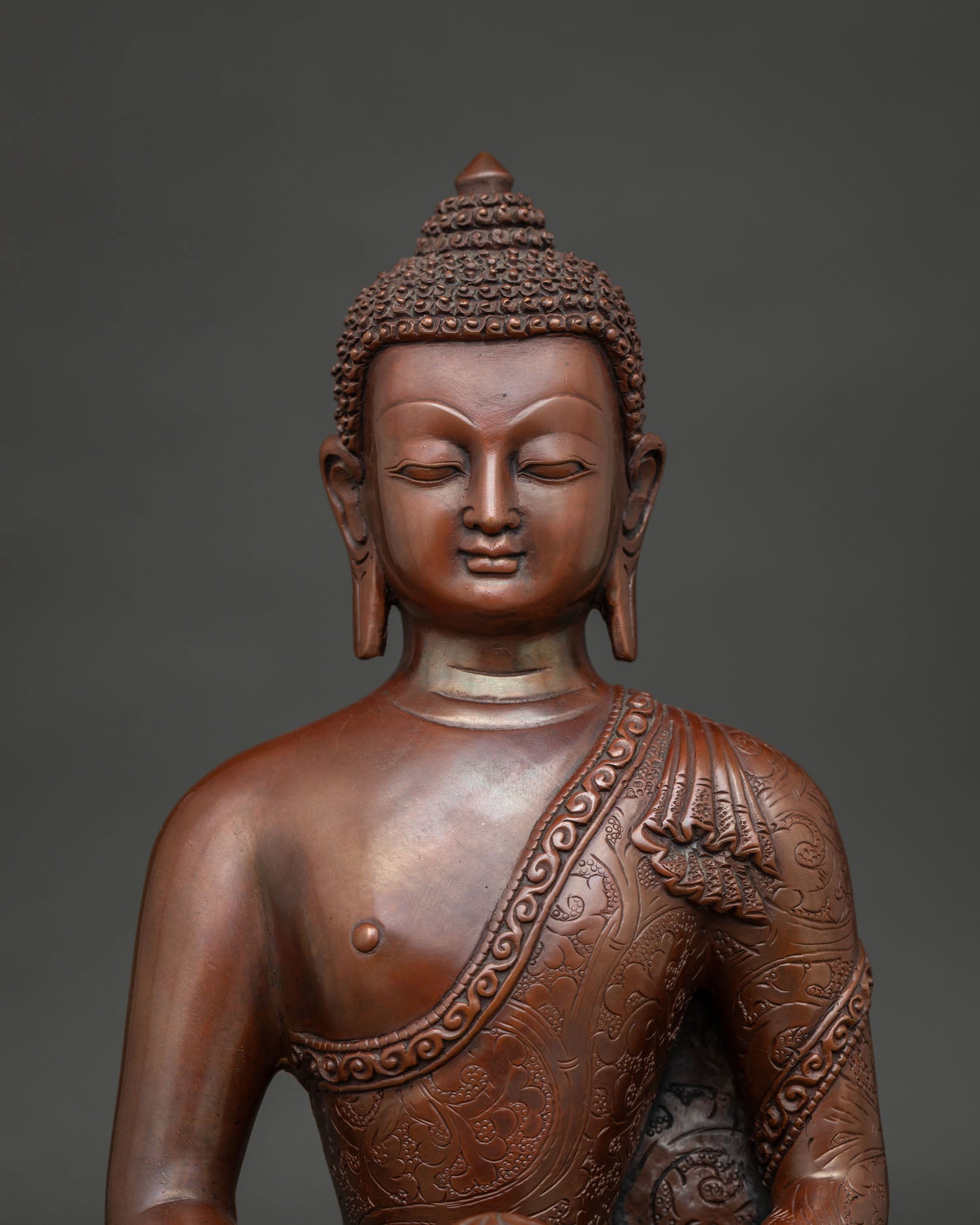 Amitabha Buddha Statue Close Up Peaceful Expression Dhyana Mudra Alms Bowl.