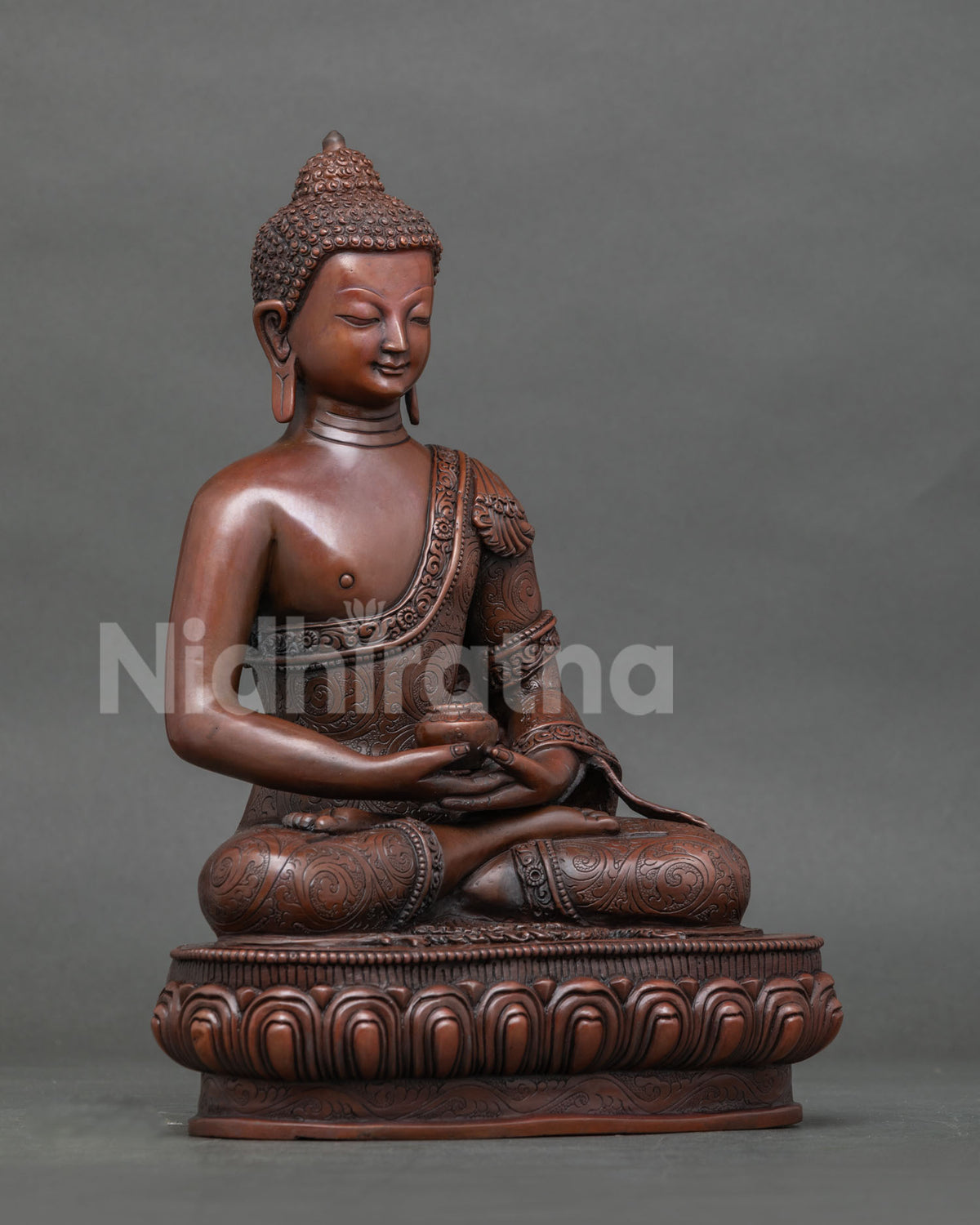 Amitabha buddha statue detailed lotus pedestal and floral monk robe