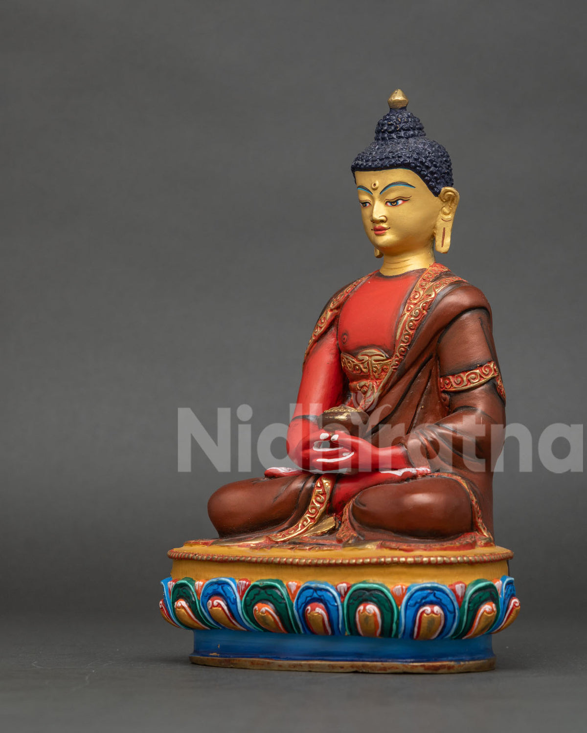 Amitabha Buddha statue dhyana mudra begging bowl multicolor lotus pedestal.