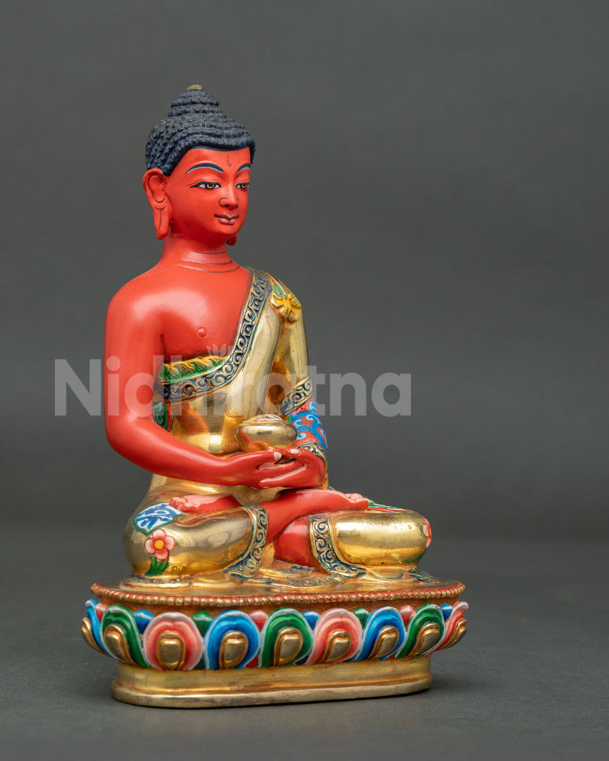 Amitabha Buddha statue Dhyana Mudra multicolor lotus pedestal Patan Nepal.