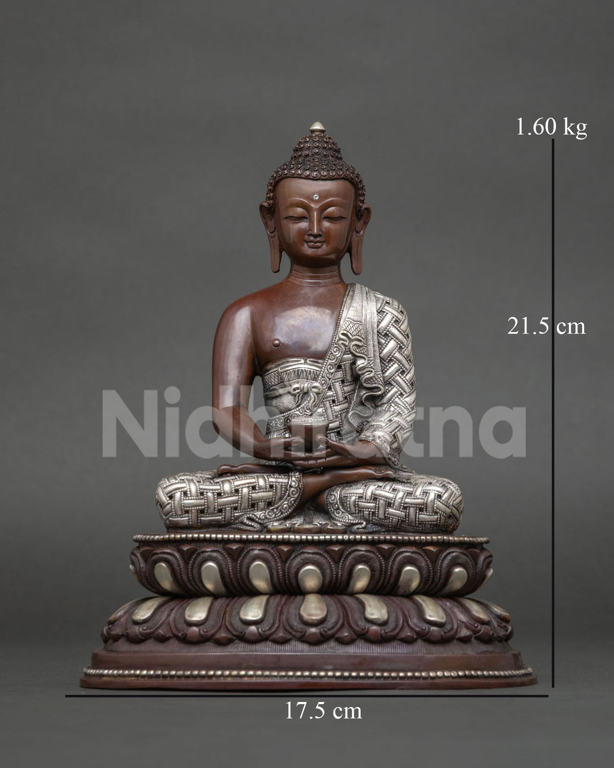 Amitabha Buddha statue from Patan Nepal with chemically oxidized copper finish.