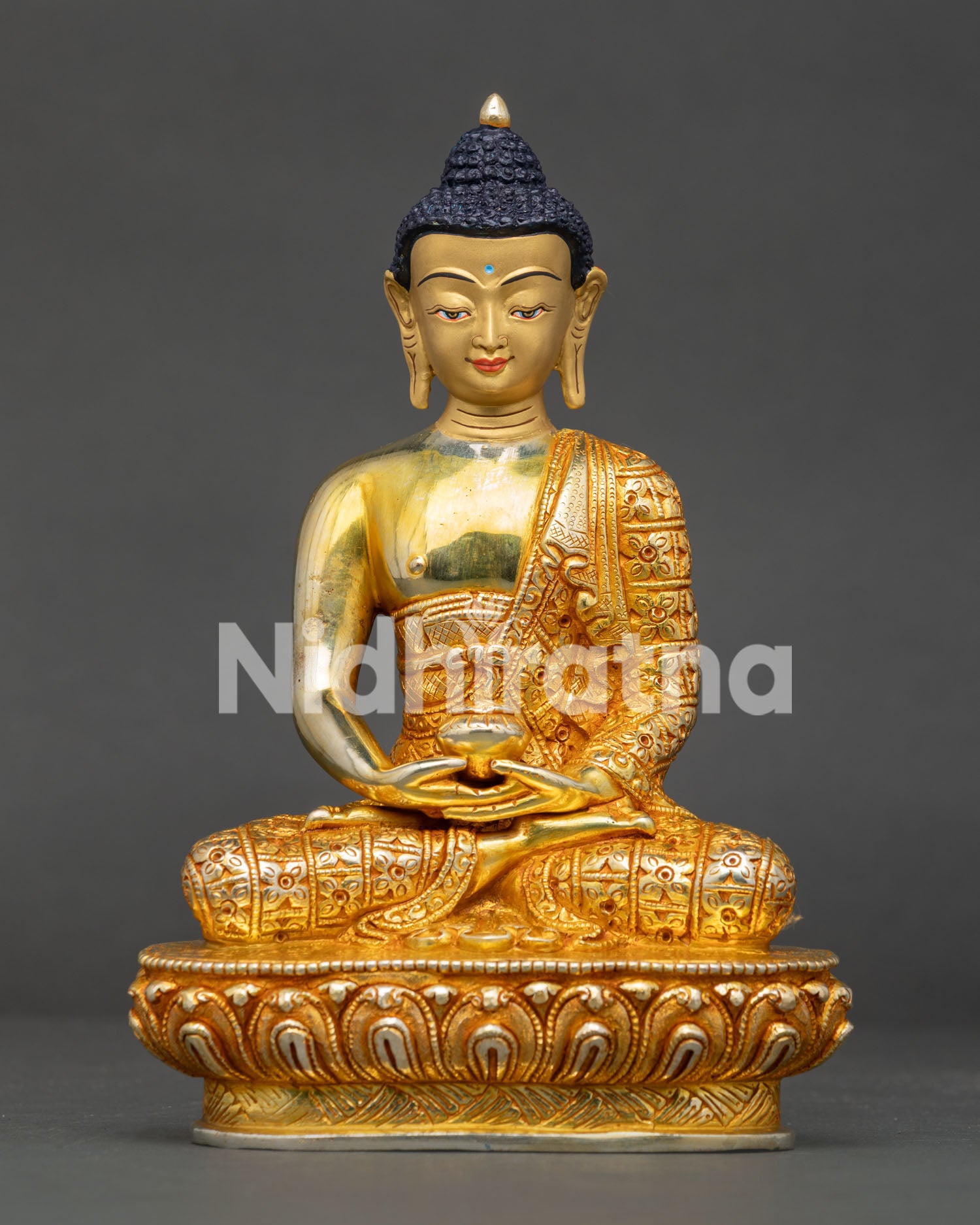 Amitabha Buddha Statue Front View 24K Gold Fire Gilded Copper Lotus Throne.