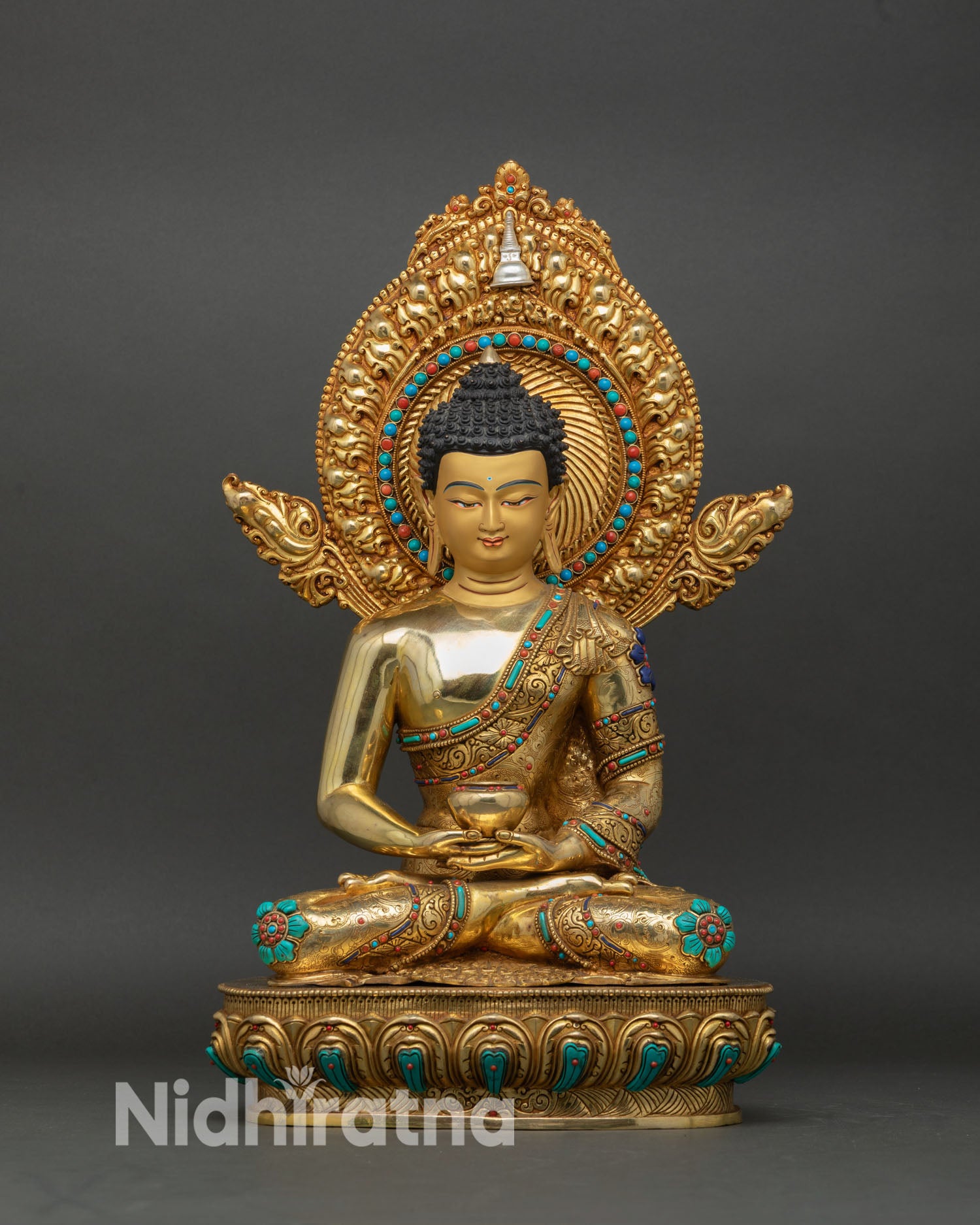 amitabha buddha statue front view, copper gold gilded himalayan buddhist art nepal