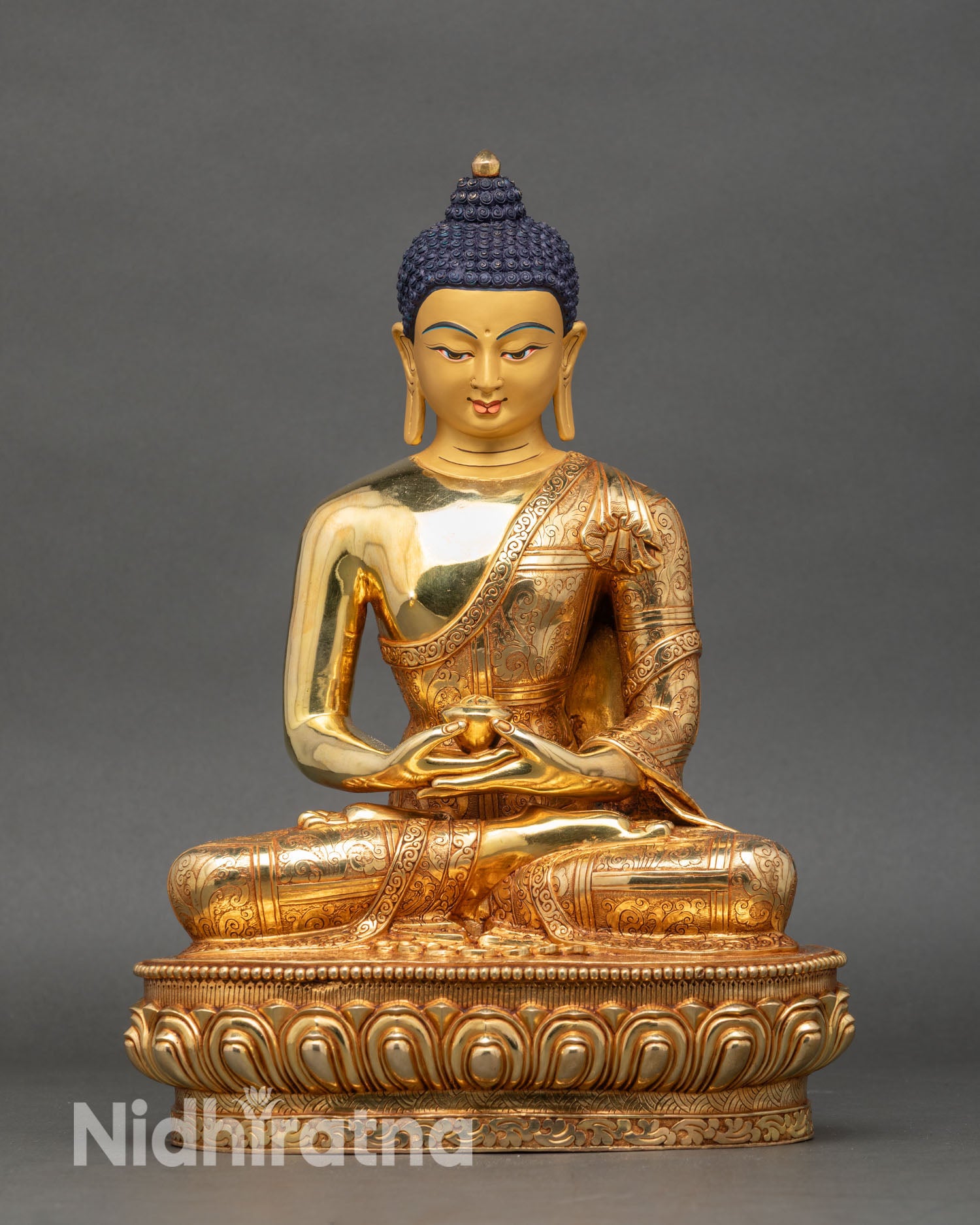 Amitabha Buddha statue front view, fire gilded Nepalese copper Pure Land Buddha