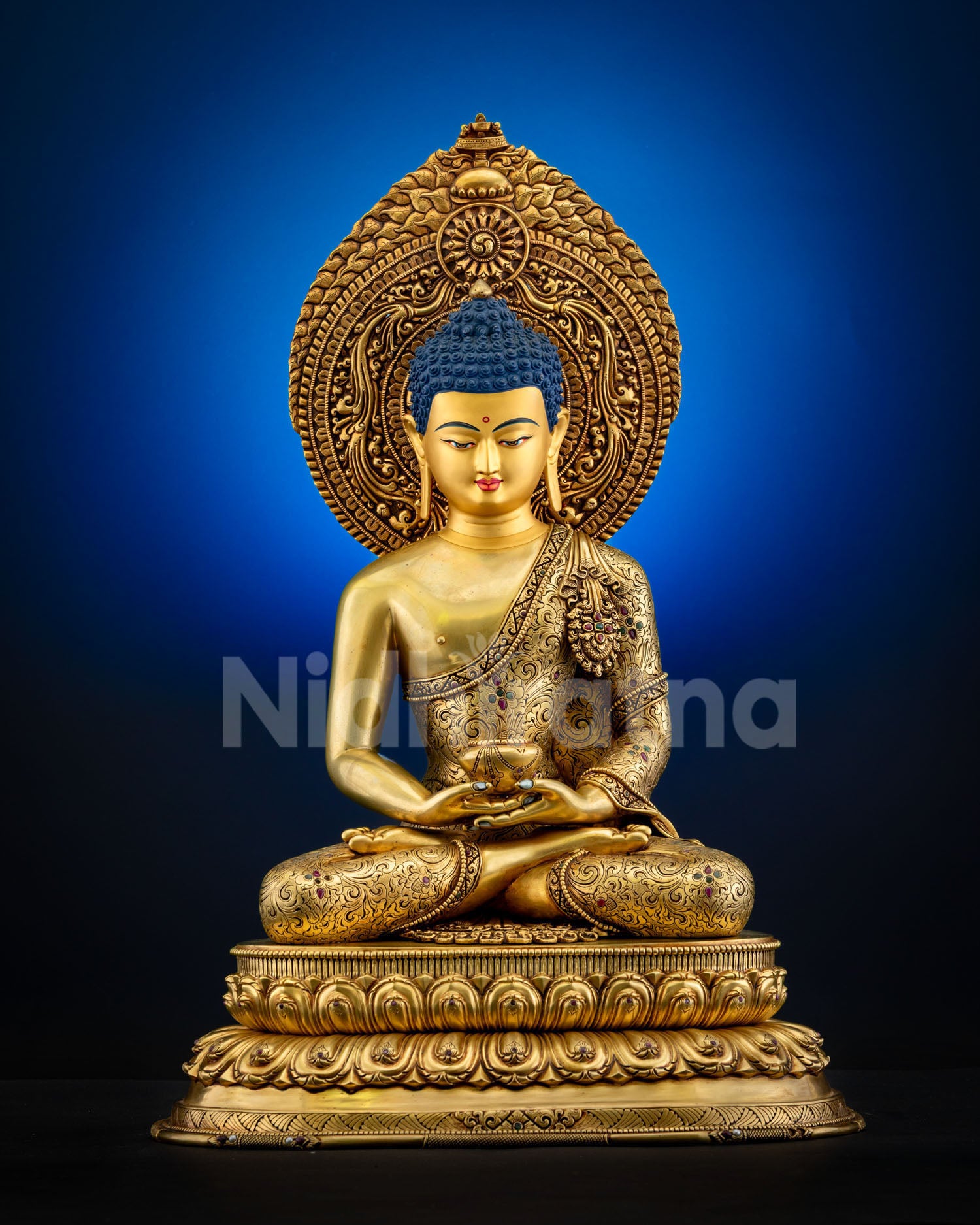 Amitabha Buddha statue front view, gold fire‑gilded copper with dhyana mudra and Patra Bowl