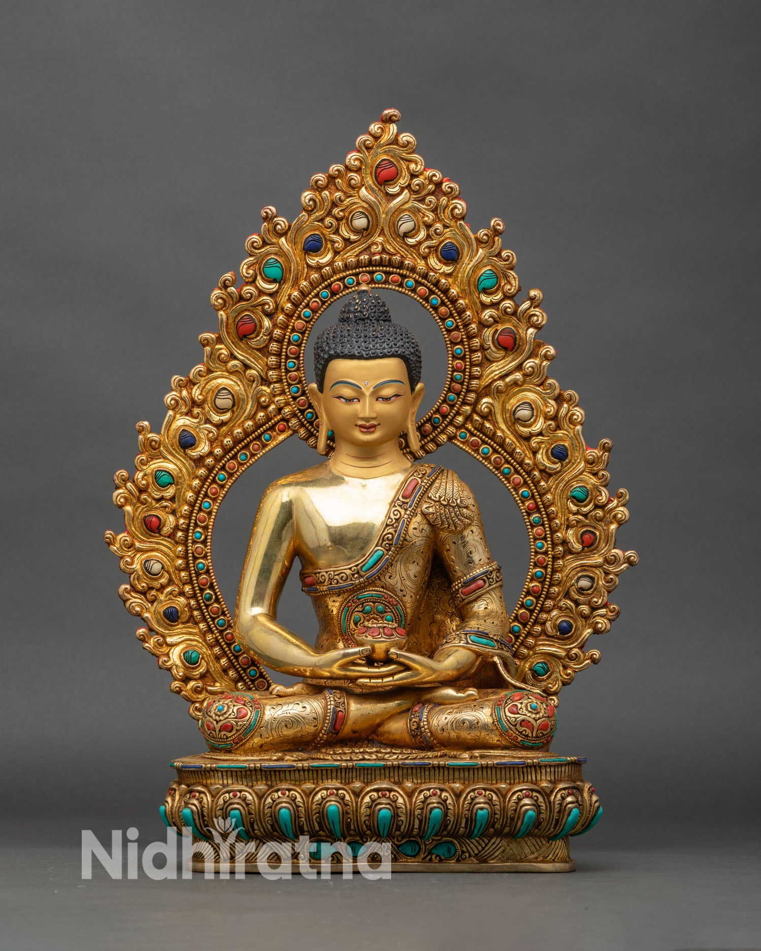 Amitabha Buddha statue front view, gold-gilded copper with gemstone halo